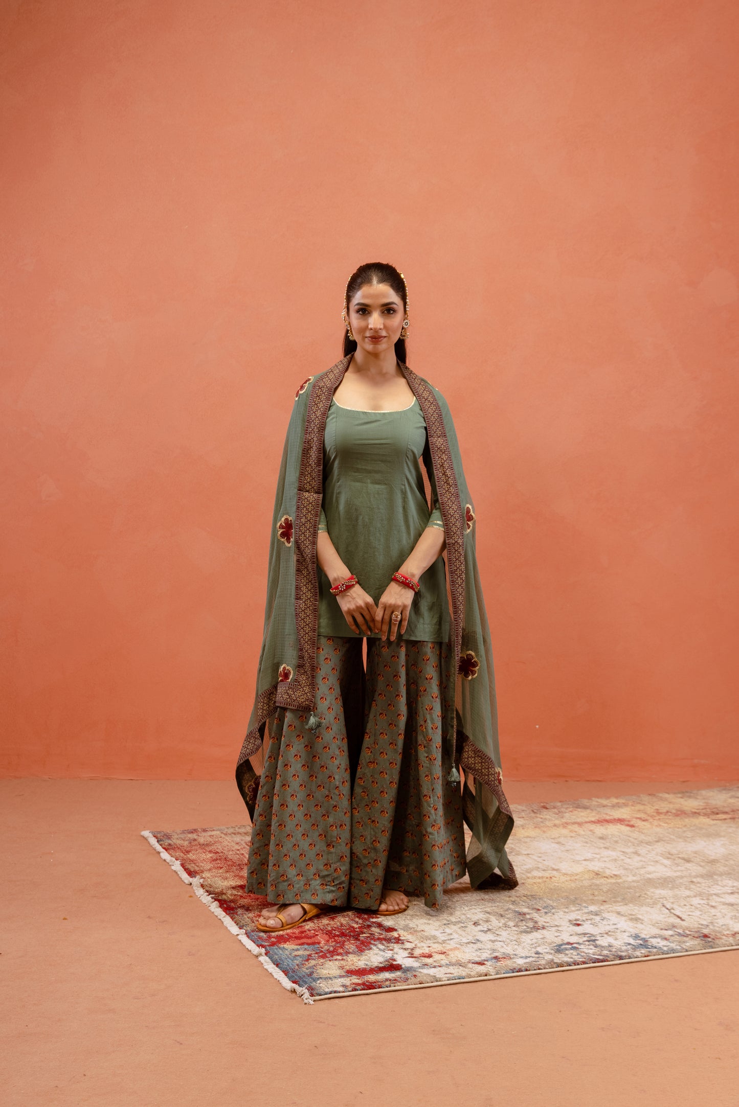 Teal Bloom Sharara Sleeved Set