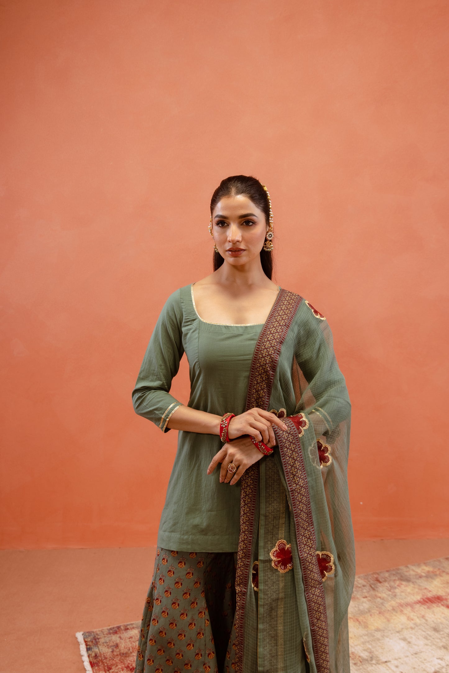 Teal Bloom Sharara Sleeved Set