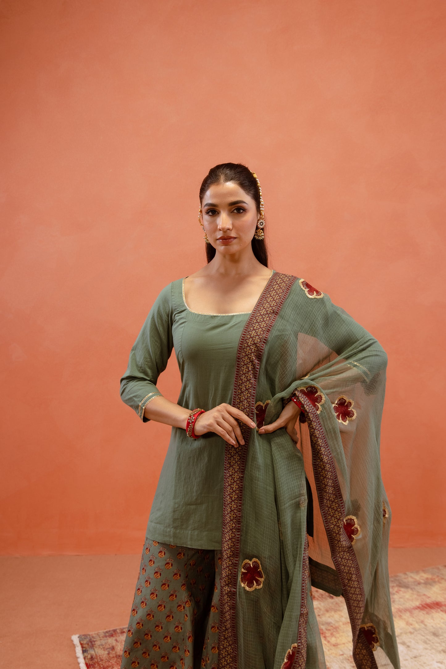 Teal Bloom Sharara Sleeved Set