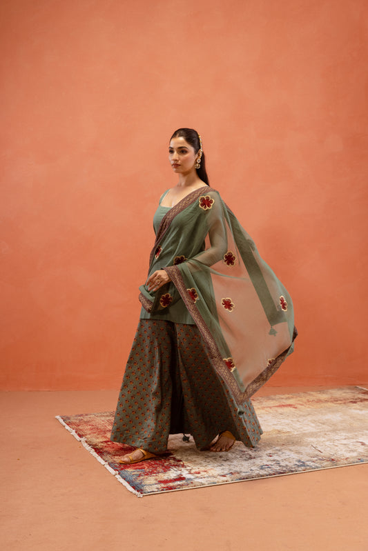 Teal Bloom Sharara Sleeveless Set