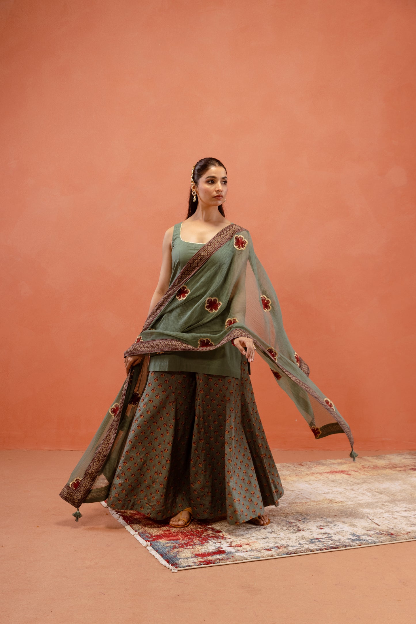 Teal Bloom Sharara Sleeveless Set