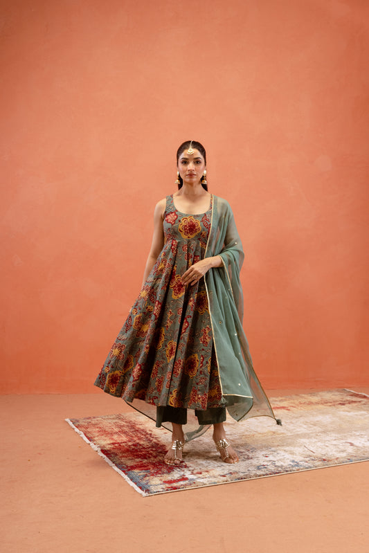 Teal Bloom Sleeveless Anarkali Suit