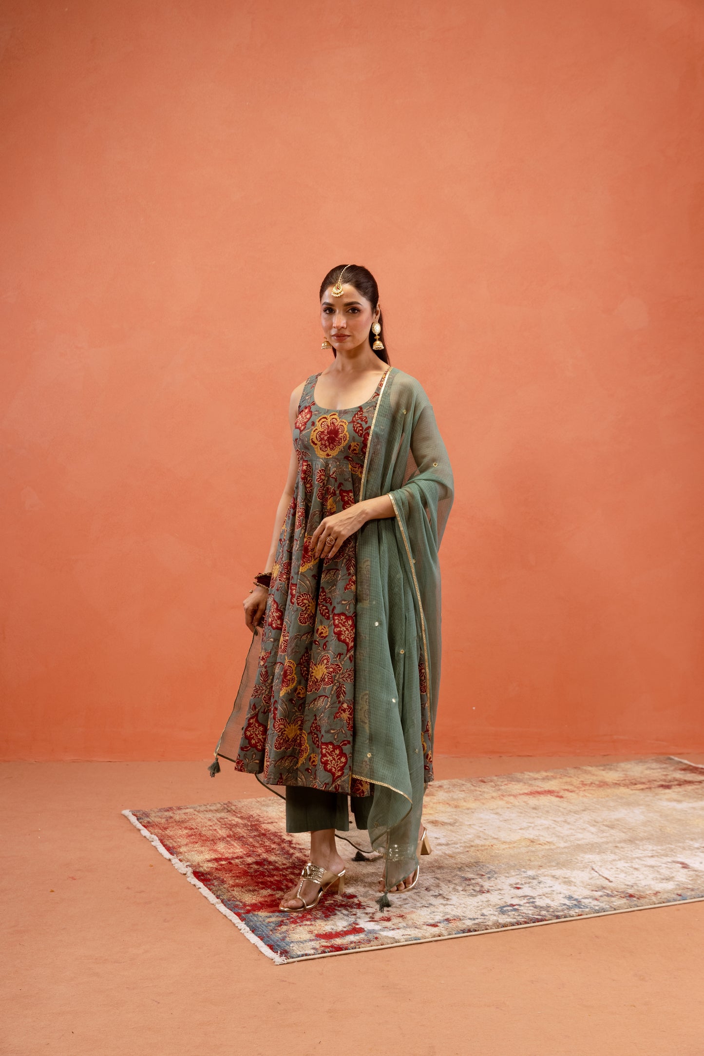 Teal Bloom Sleeveless Anarkali Suit