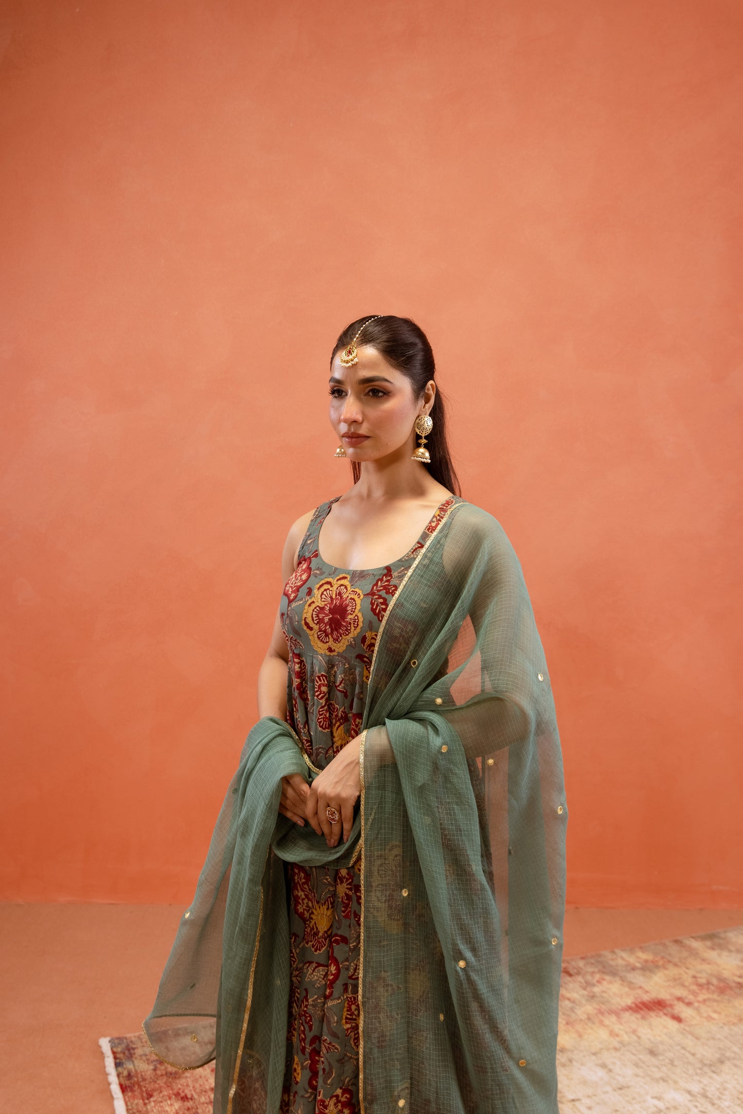 Teal Bloom Sleeveless Anarkali Suit
