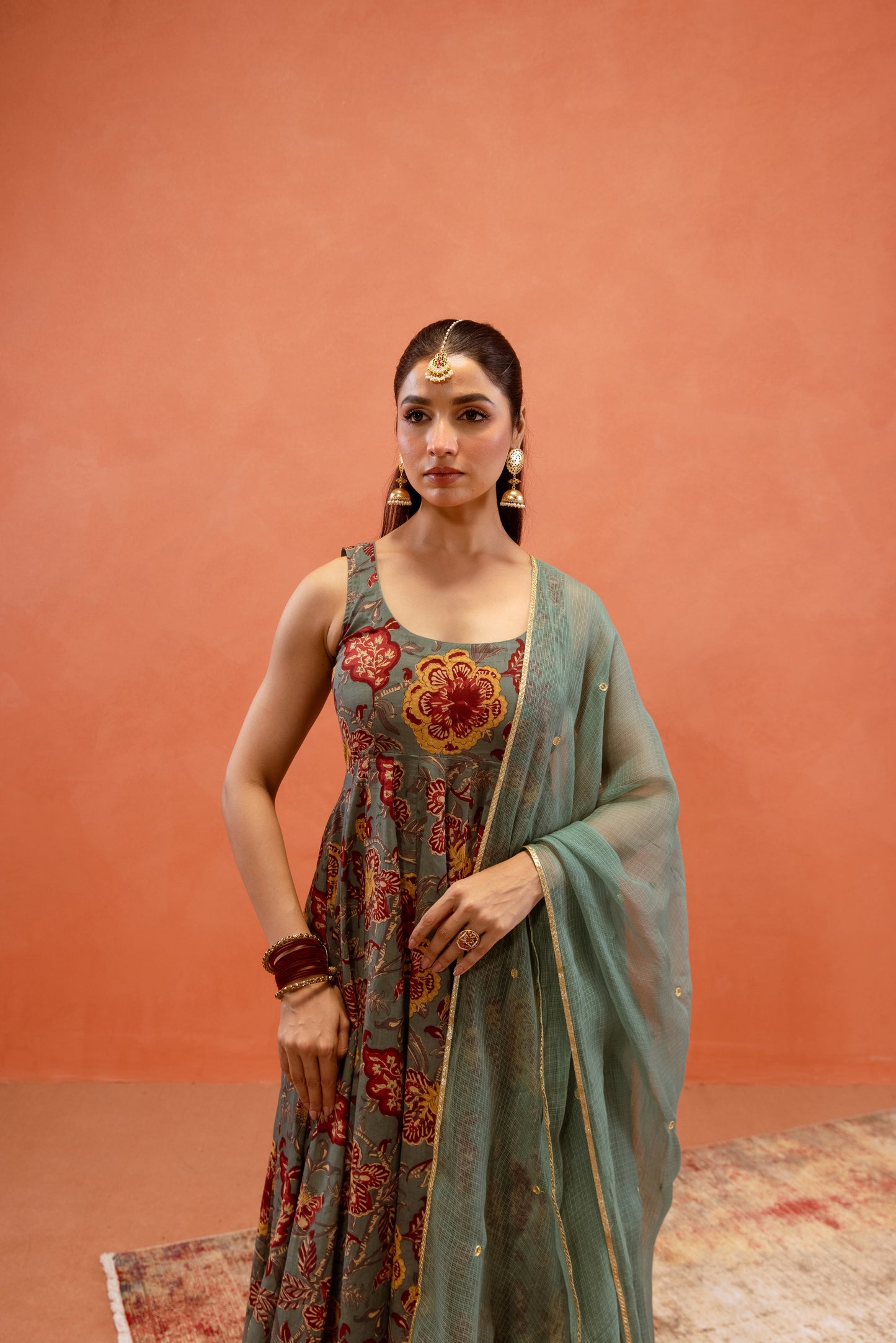 Teal Bloom Sleeveless Anarkali Suit