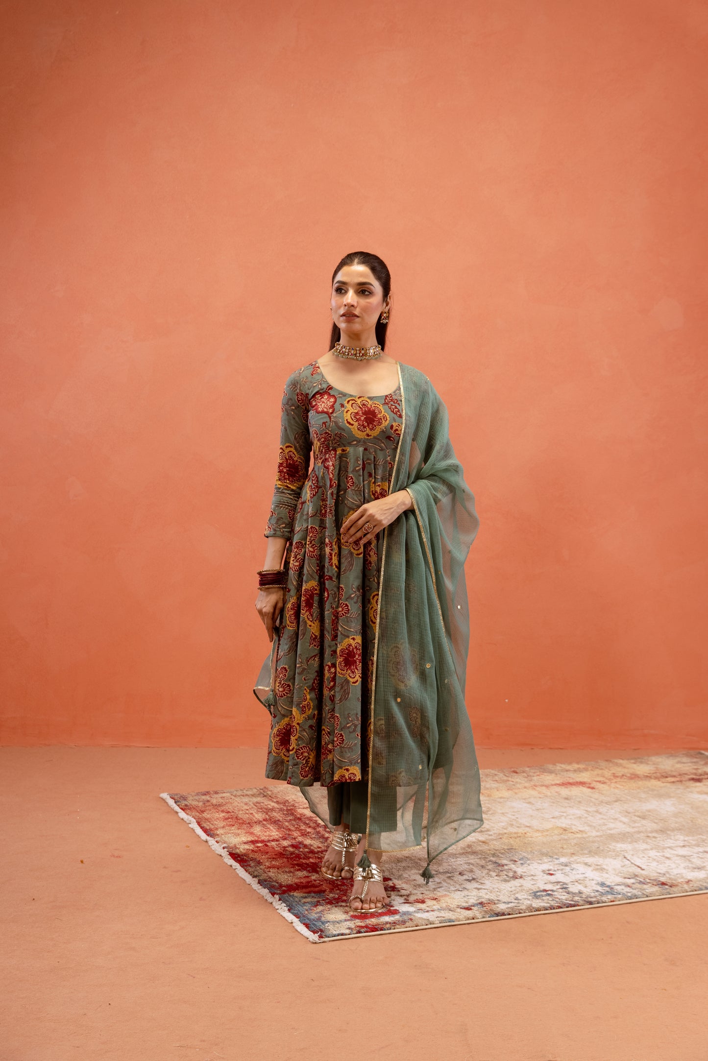 Teal Bloom Sleeved Anarkali Suit