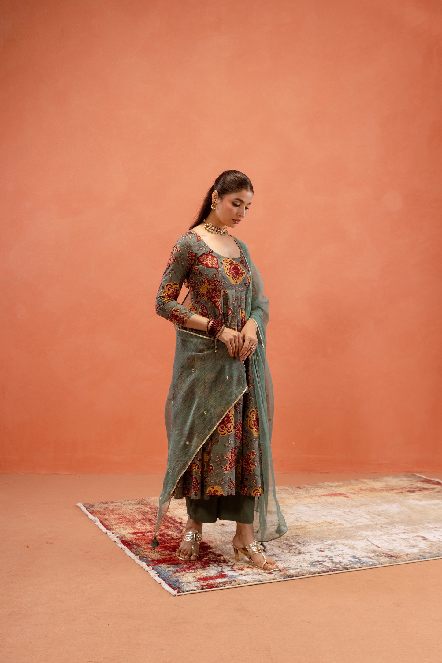 Teal Bloom Sleeved Anarkali Suit