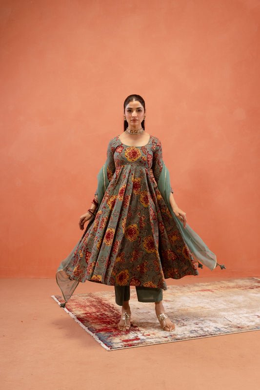 Teal Bloom Sleeved Anarkali Suit
