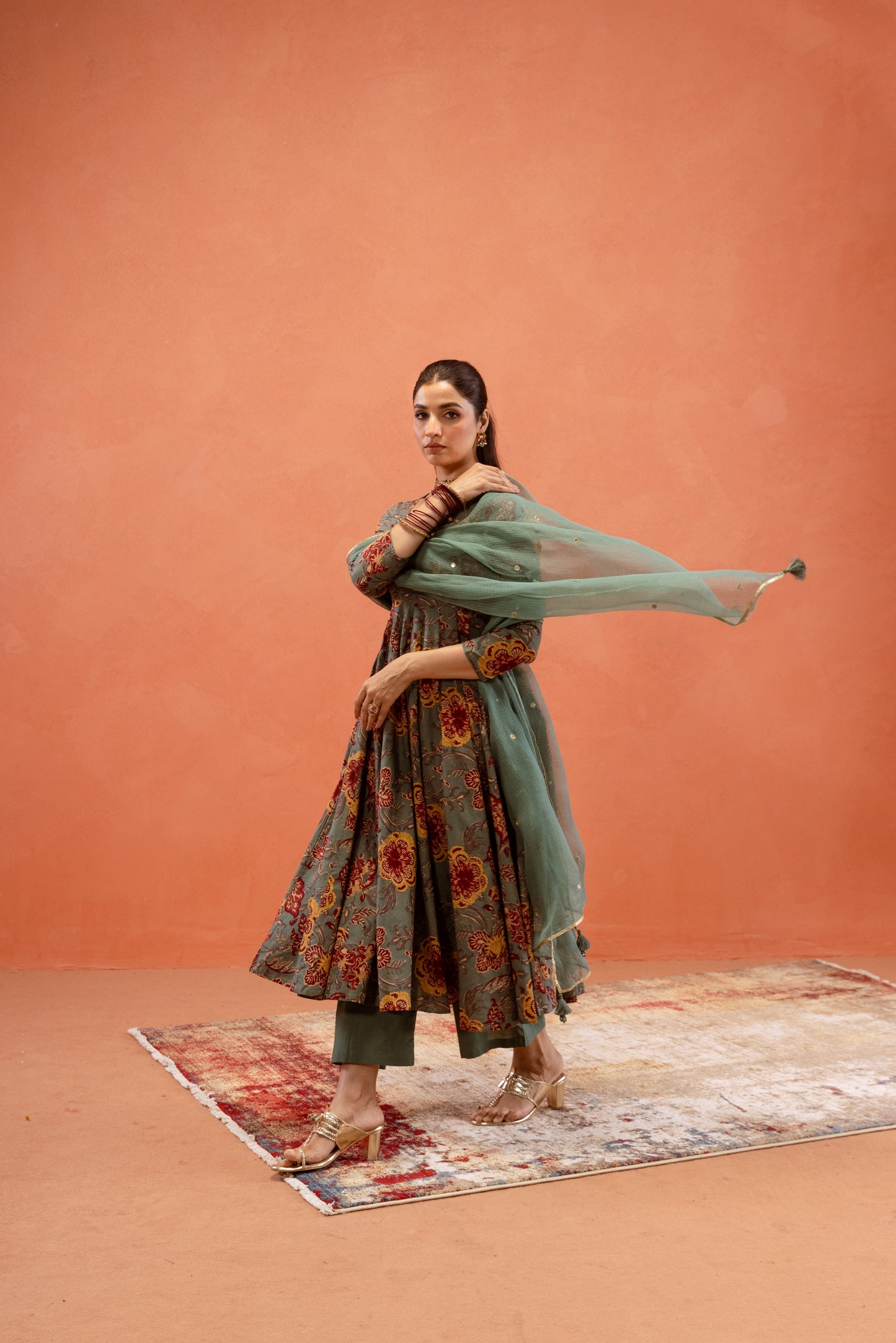 Teal Bloom Sleeved Anarkali Suit