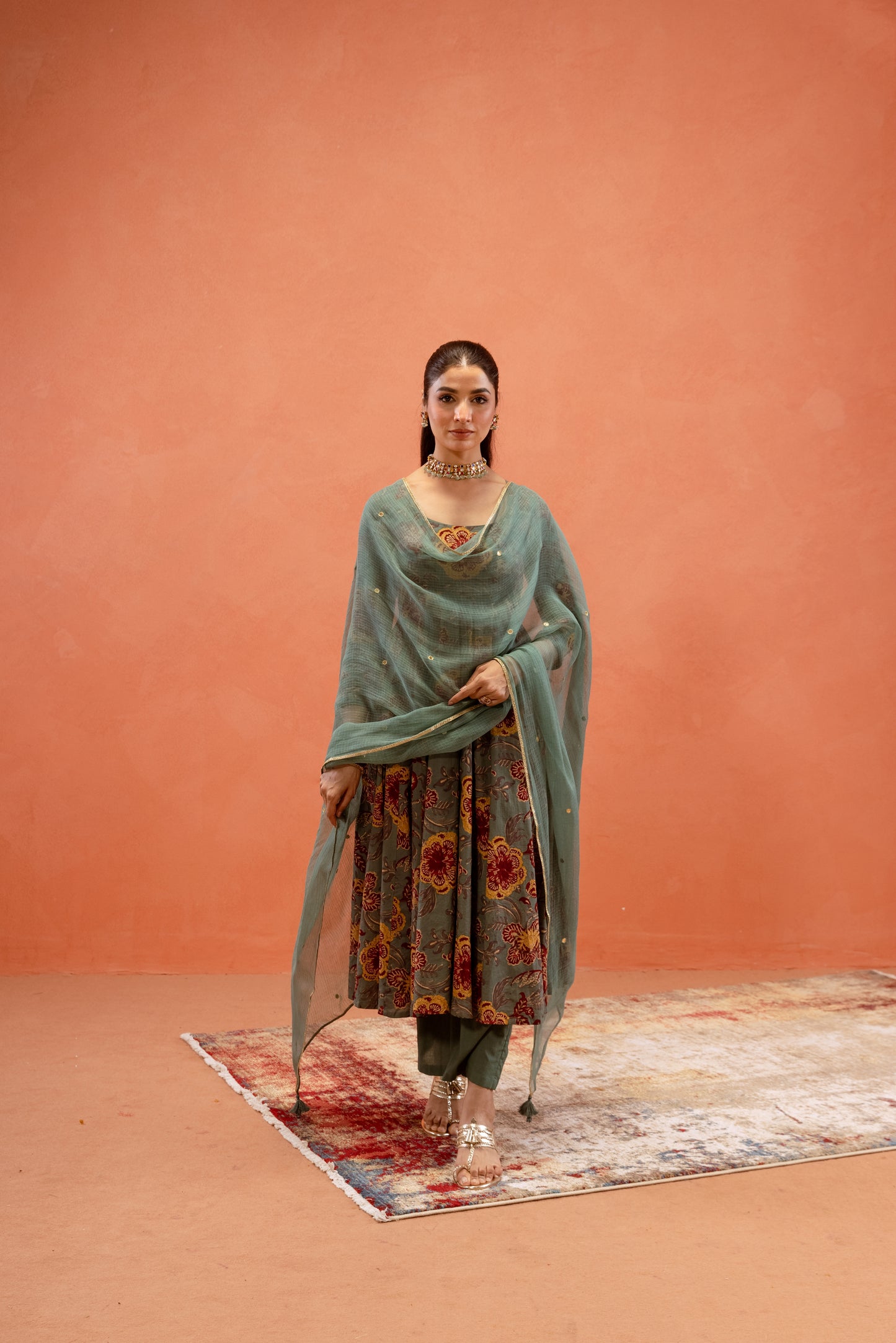 Teal Bloom Sleeved Anarkali Suit