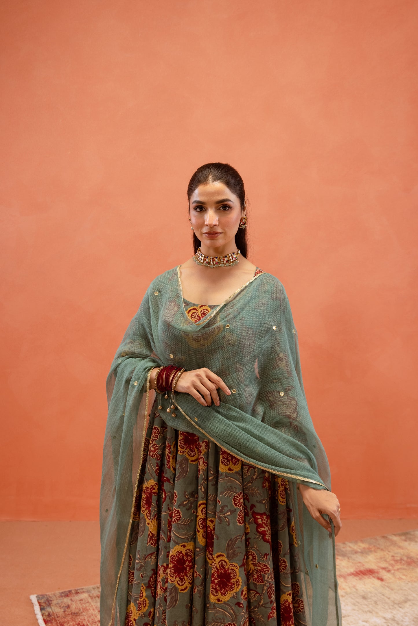 Teal Bloom Sleeved Anarkali Suit