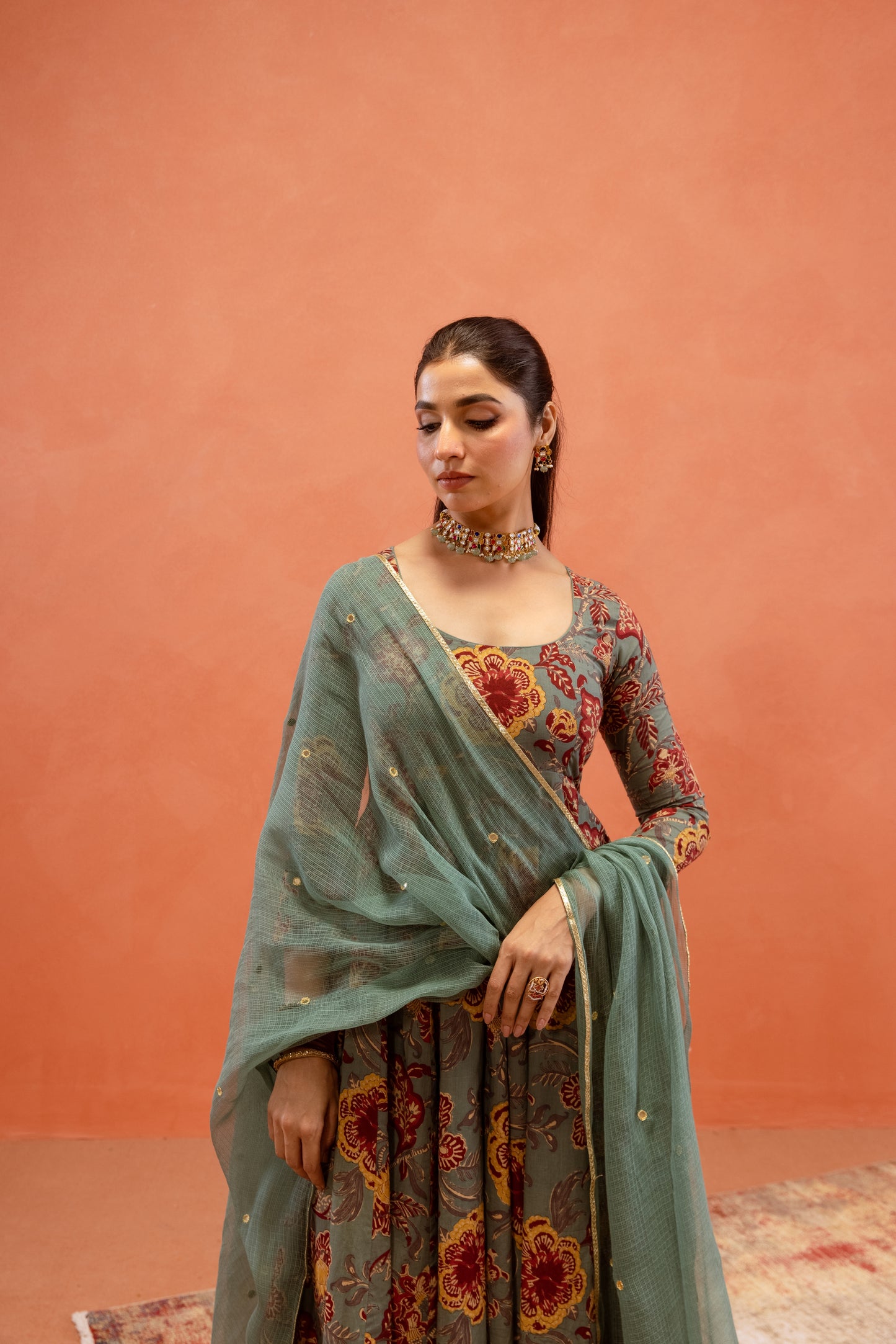 Teal Bloom Sleeved Anarkali Suit