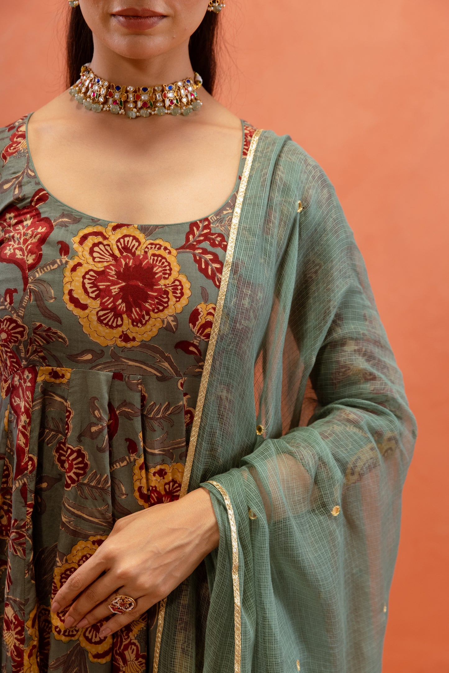 Teal Bloom Sleeved Anarkali Suit