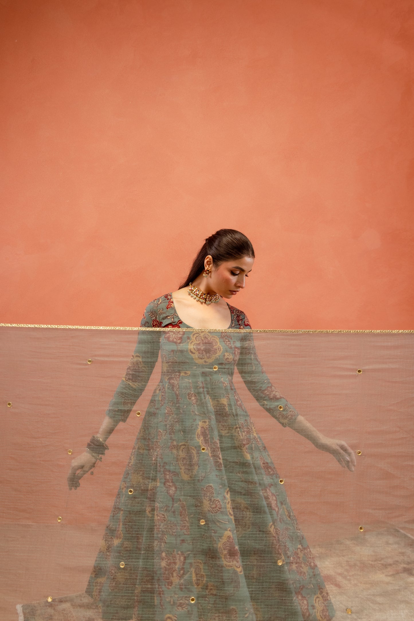 Teal Bloom Sleeved Anarkali Suit