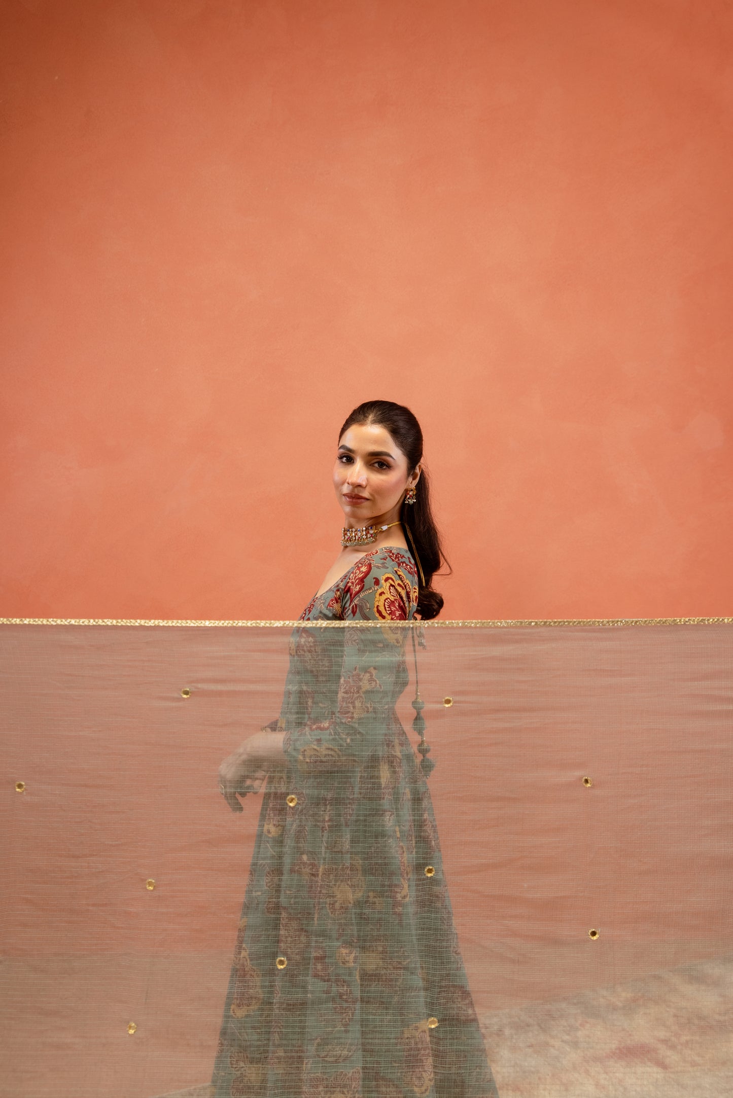 Teal Bloom Sleeved Anarkali Suit