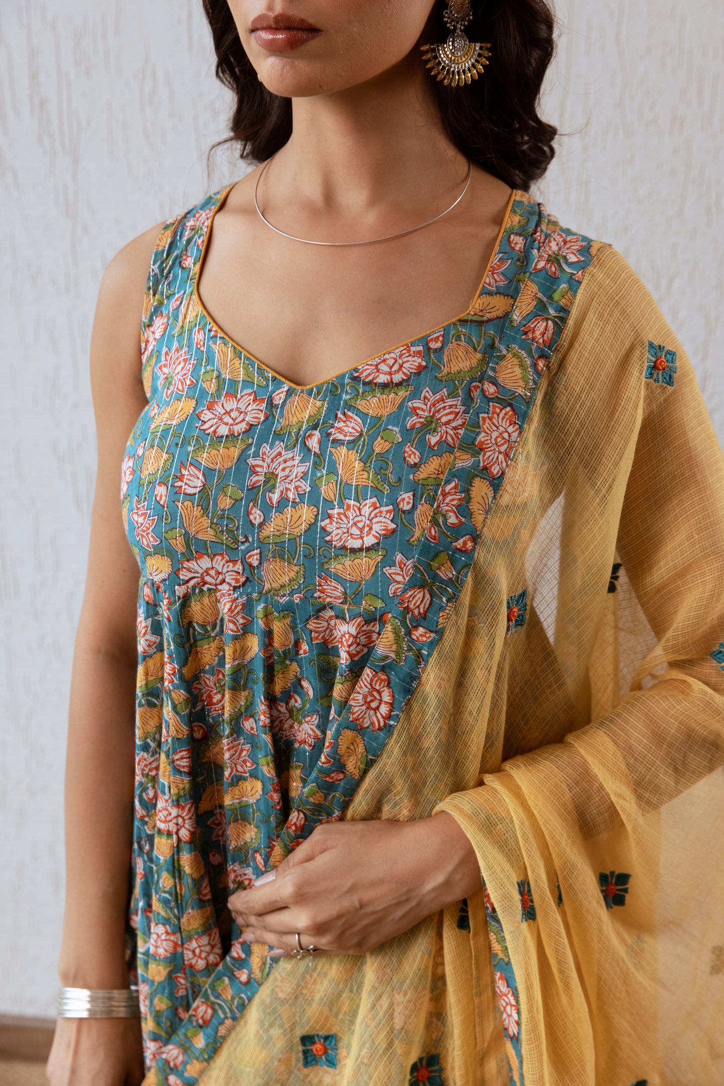 Teal X Mustard Jaal- Sleeveless