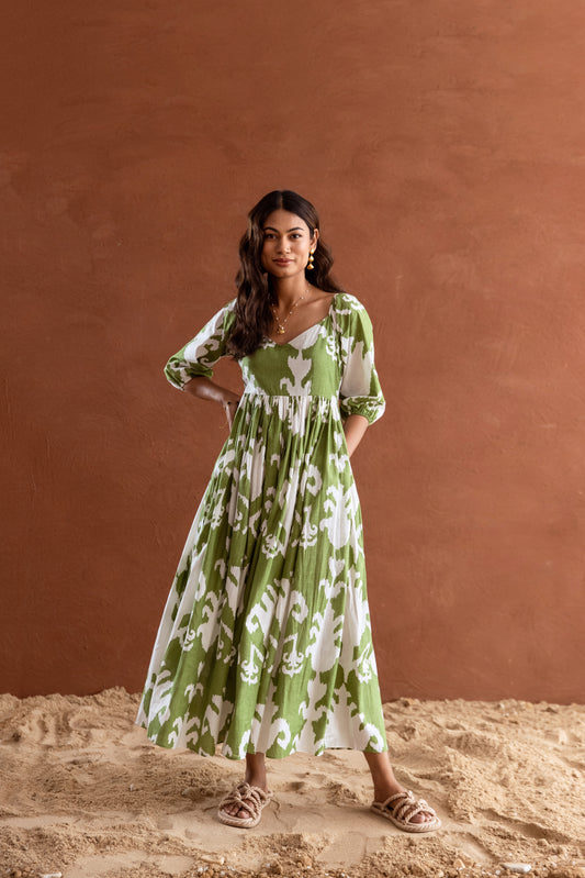 Green and White Patterned Sleeved Maxi Dress