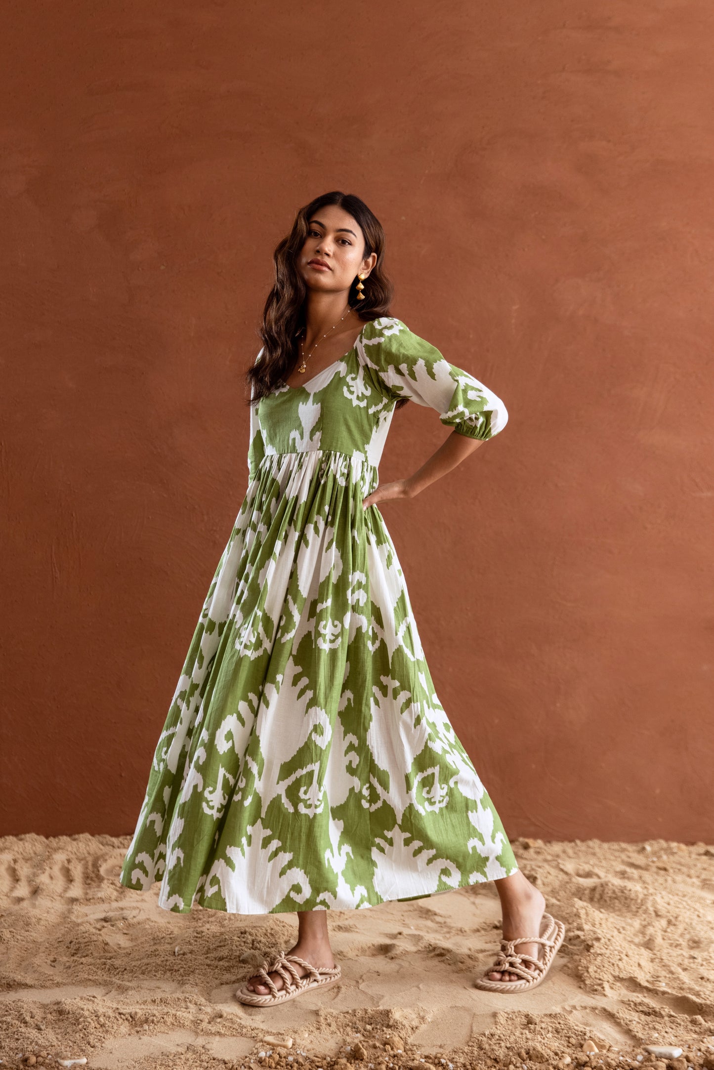 Green and White Patterned Sleeved Maxi Dress