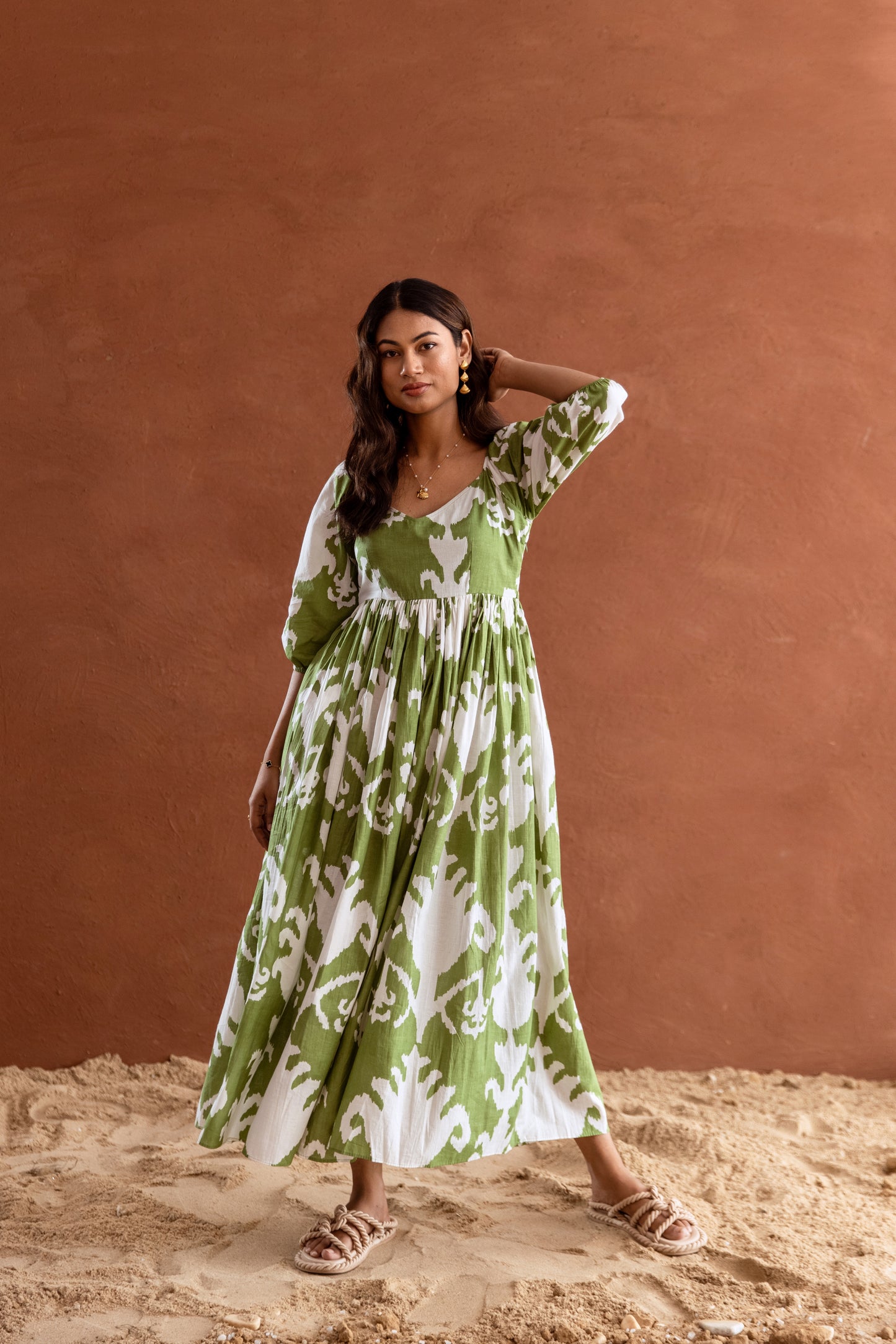 Green and White Patterned Sleeved Maxi Dress