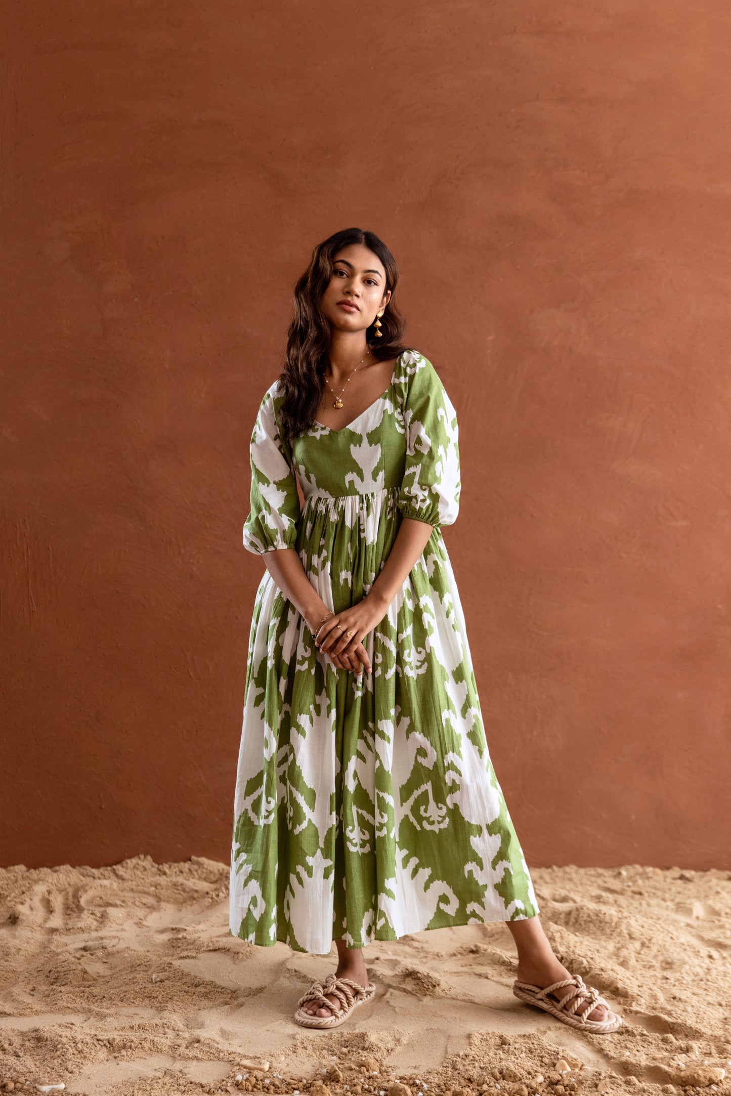 Green and White Patterned Sleeved Maxi Dress