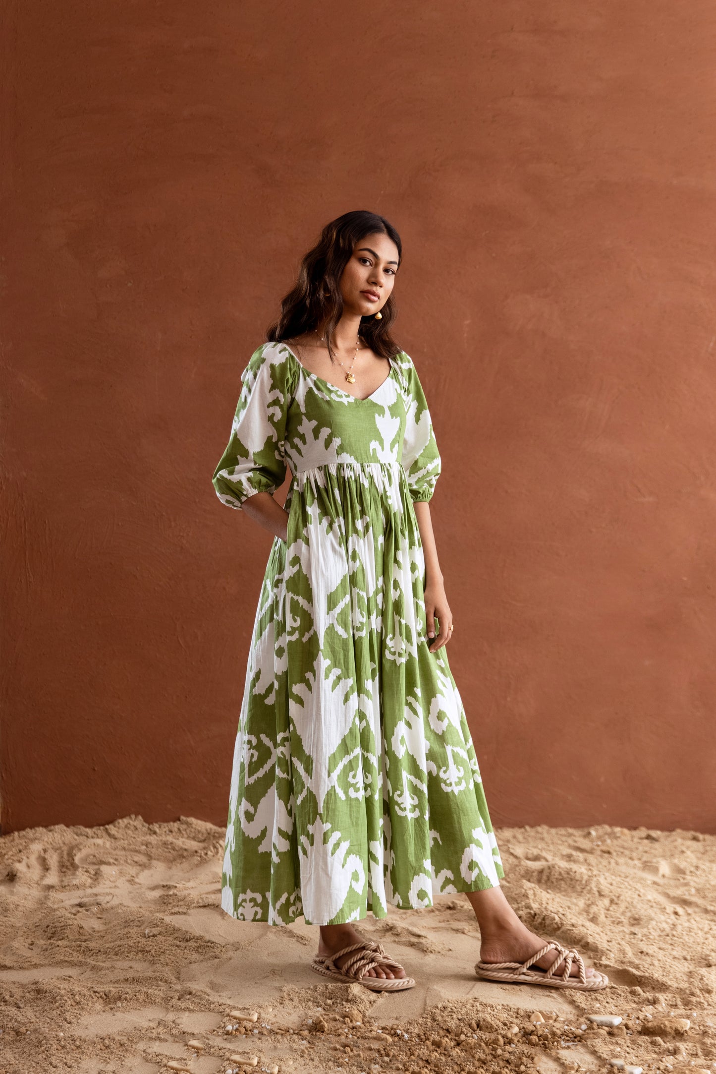 Green and White Patterned Sleeved Maxi Dress