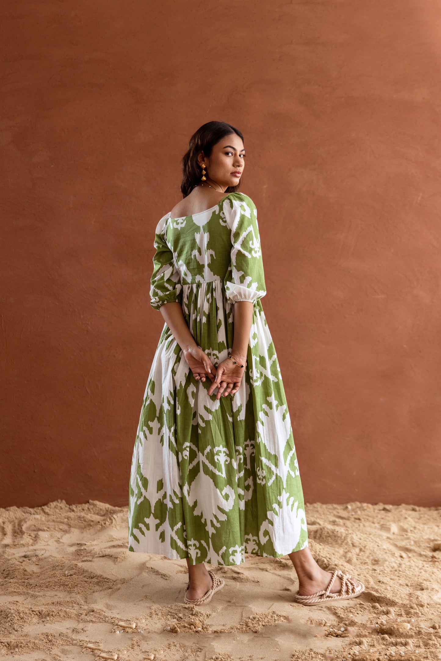 Green and White Patterned Sleeved Maxi Dress