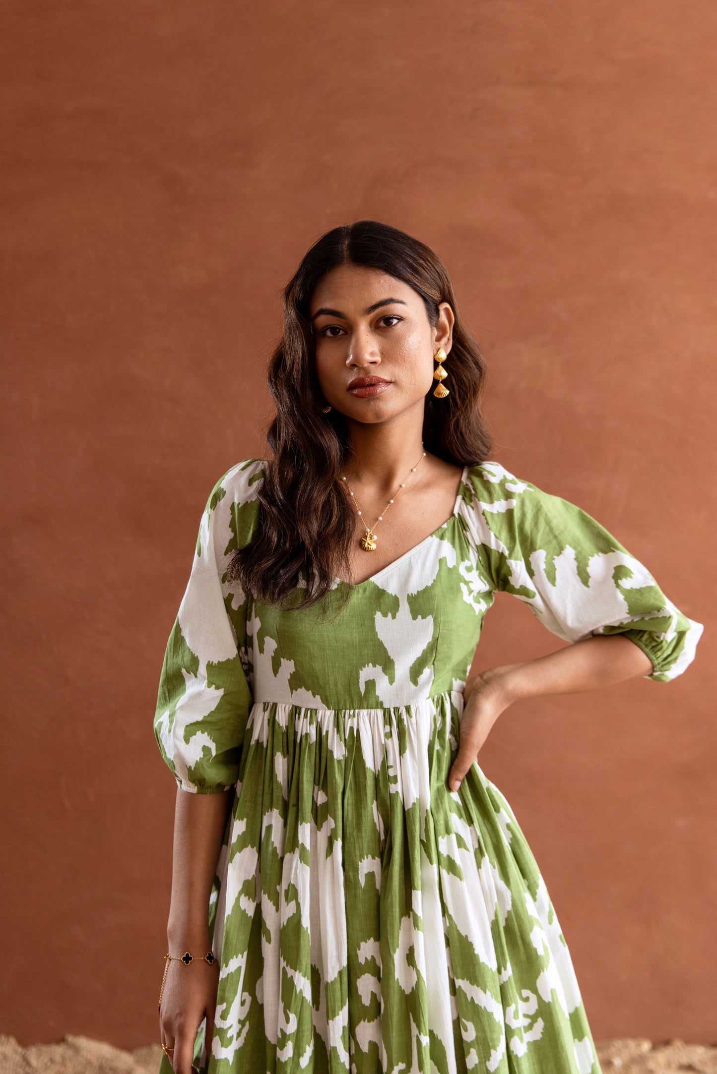 Green and White Patterned Sleeved Maxi Dress