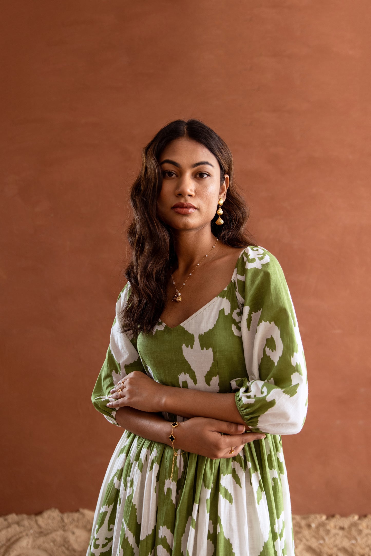 Green and White Patterned Sleeved Maxi Dress