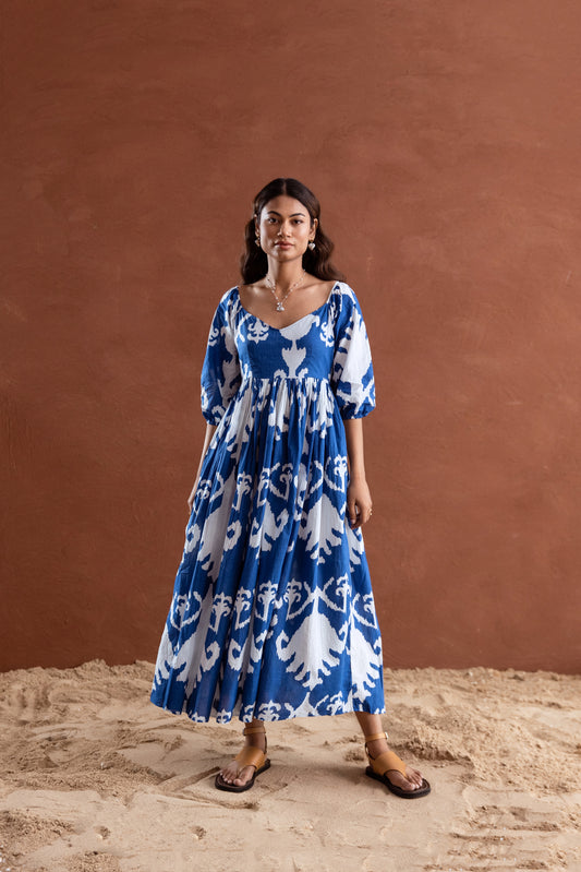 Blue and White Patterned Sleeved Maxi Dress