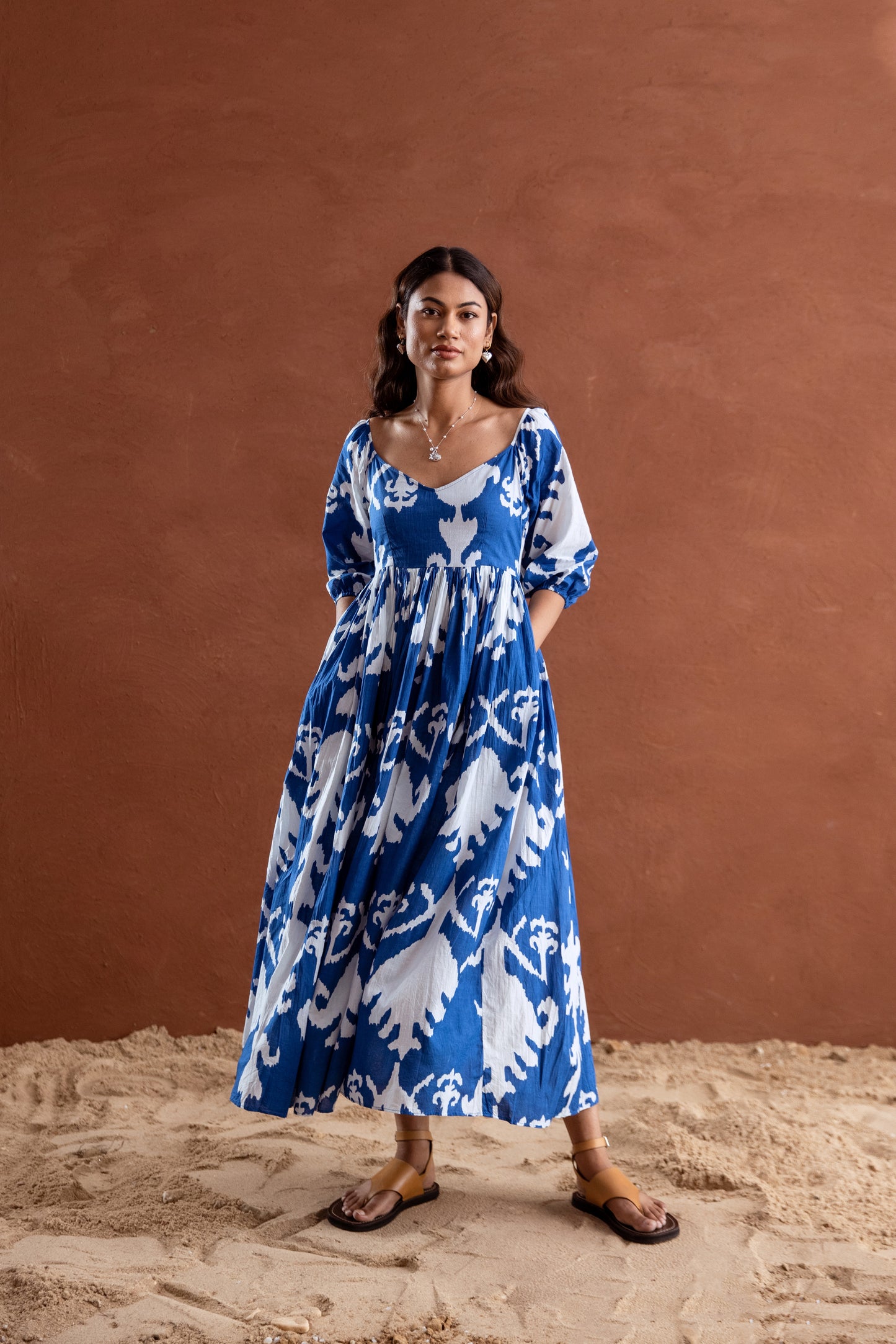 Blue and White Patterned Sleeved Maxi Dress