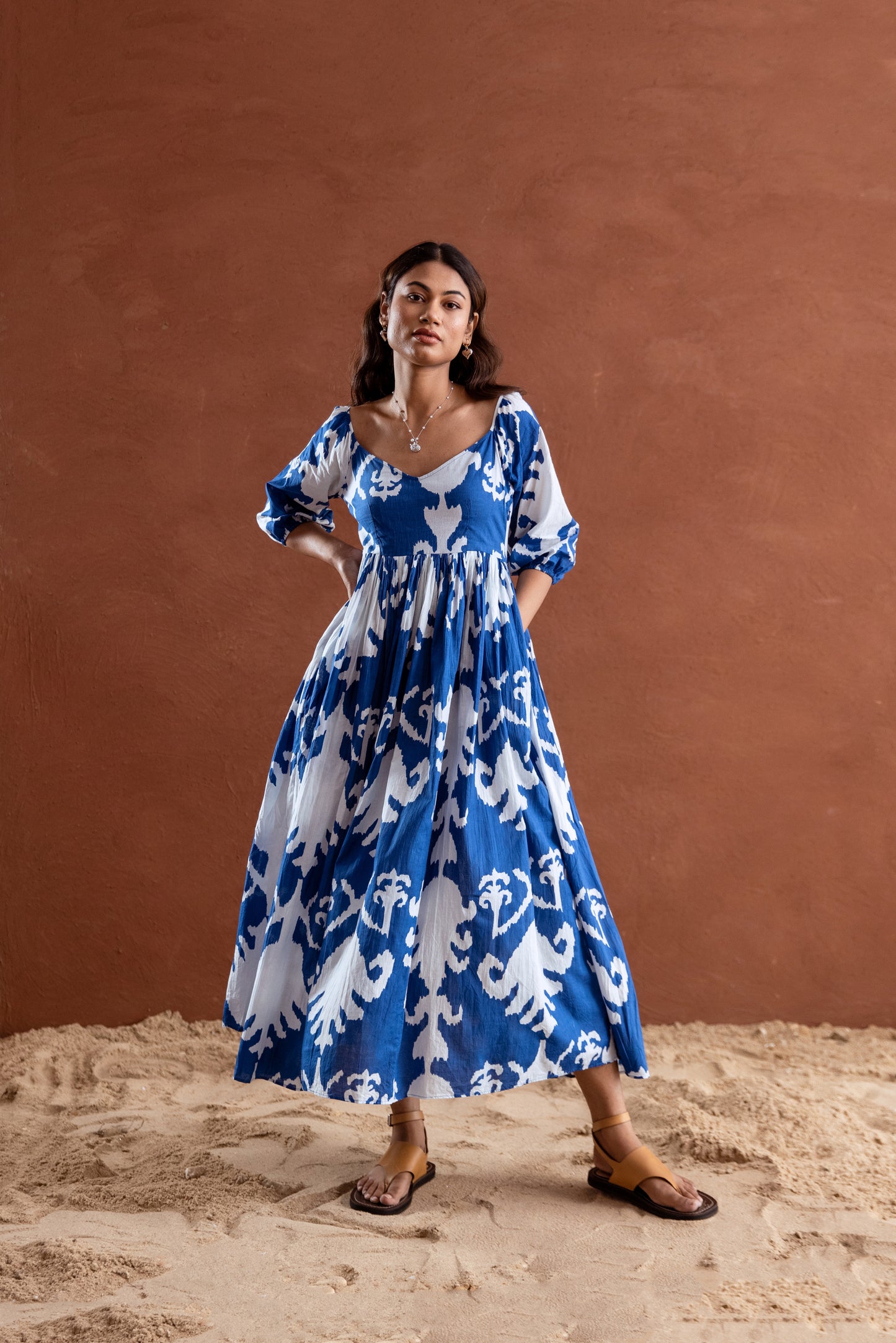 Blue and White Patterned Sleeved Maxi Dress