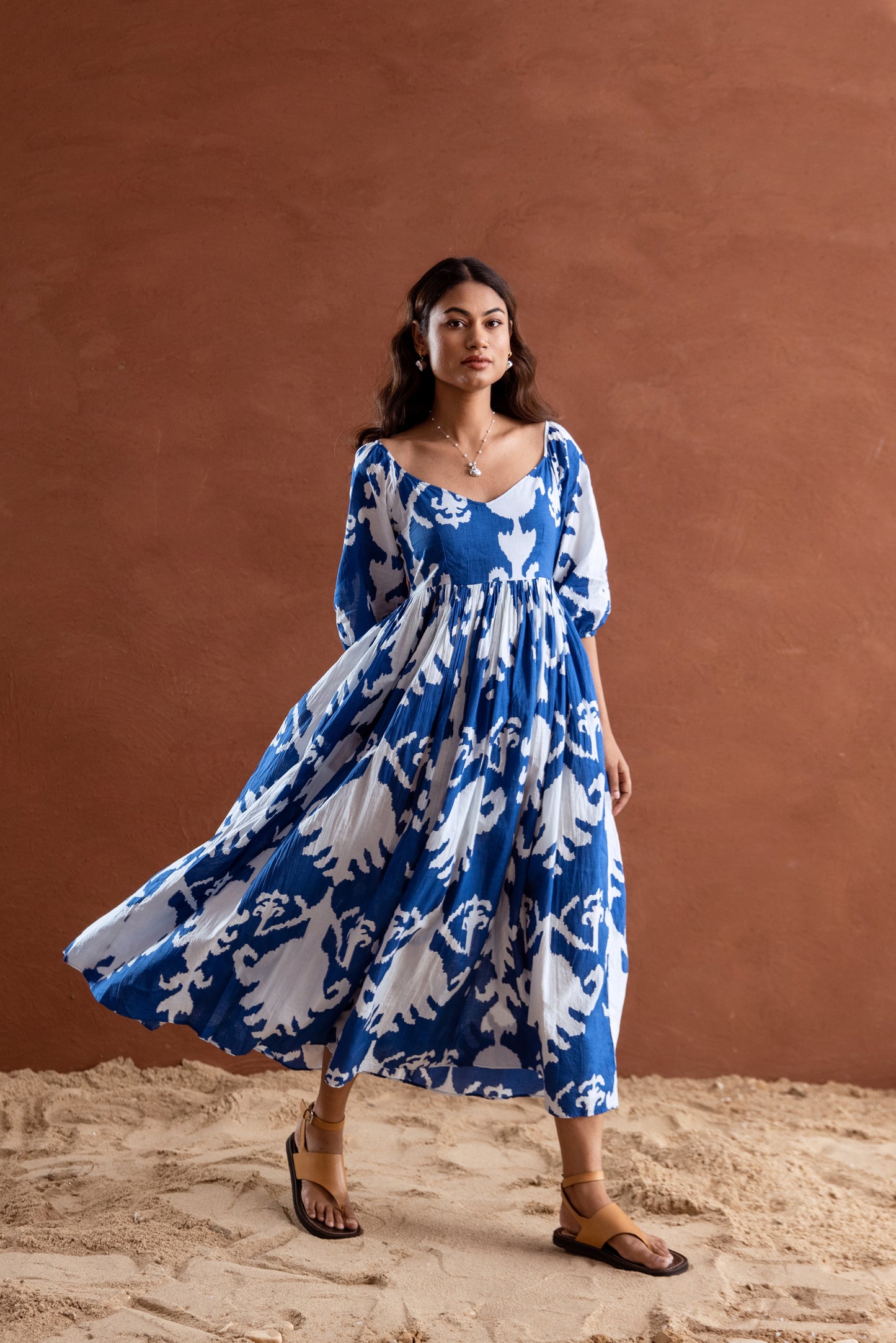 Blue and White Patterned Sleeved Maxi Dress