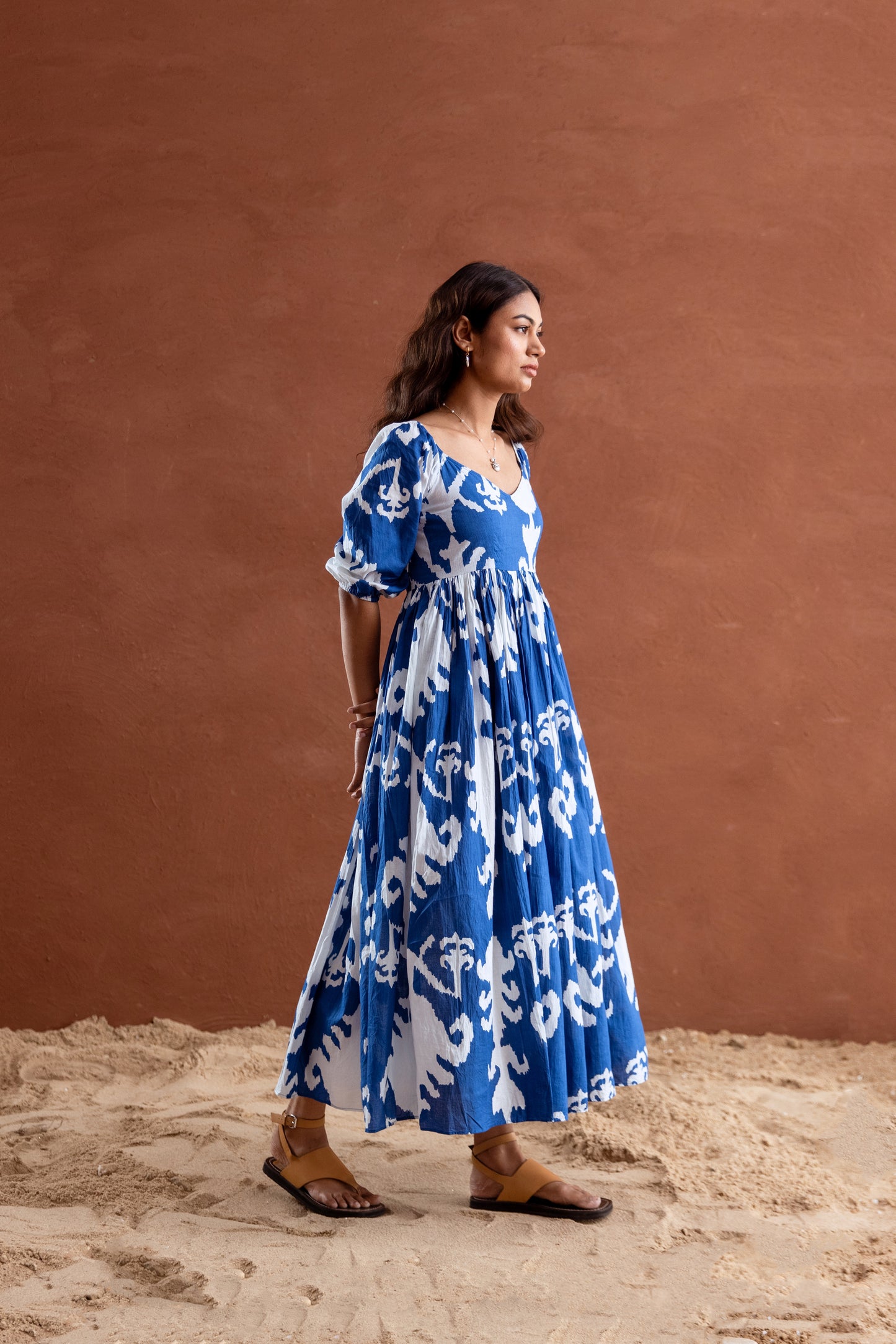Blue and White Patterned Sleeved Maxi Dress