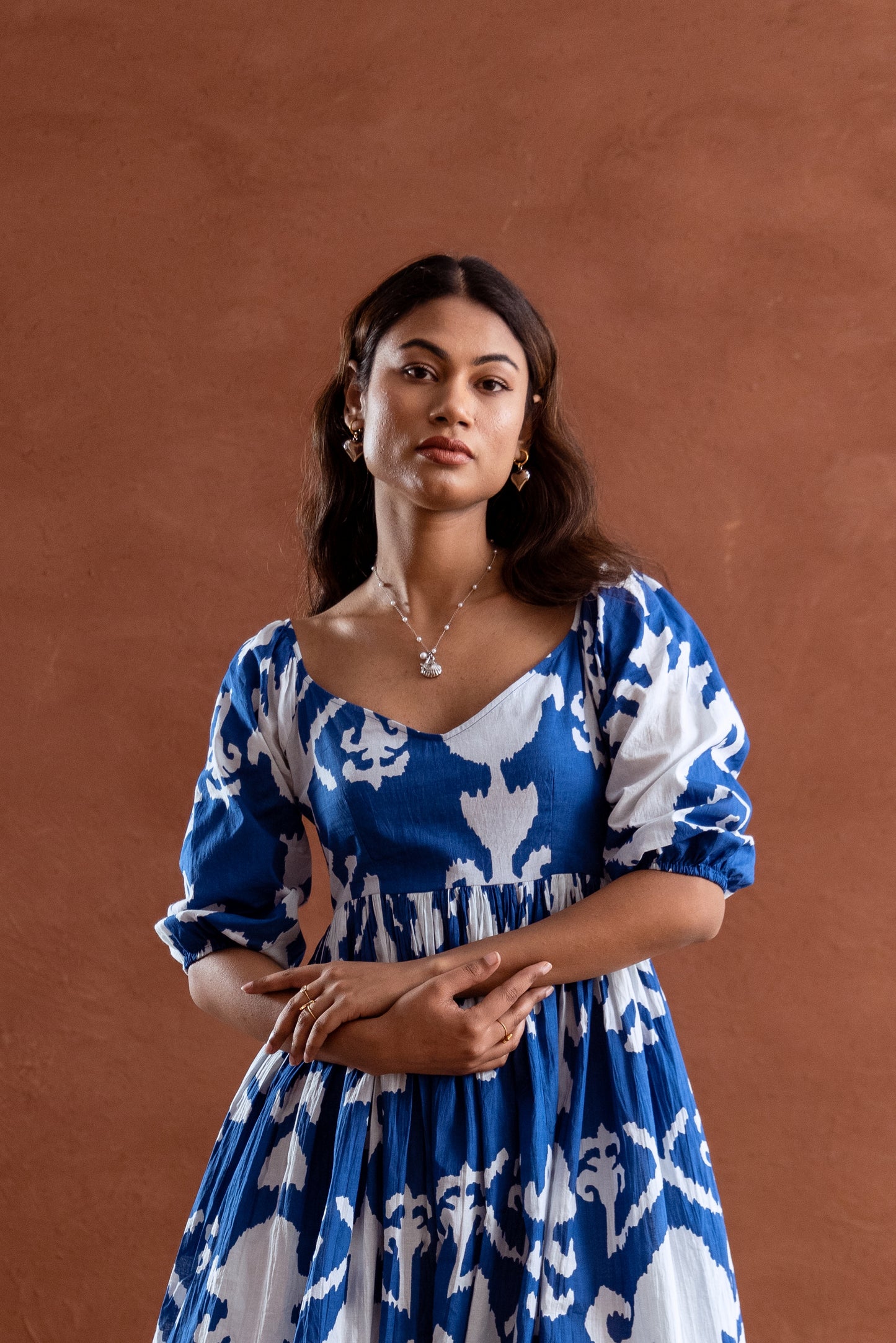 Blue and White Patterned Sleeved Maxi Dress