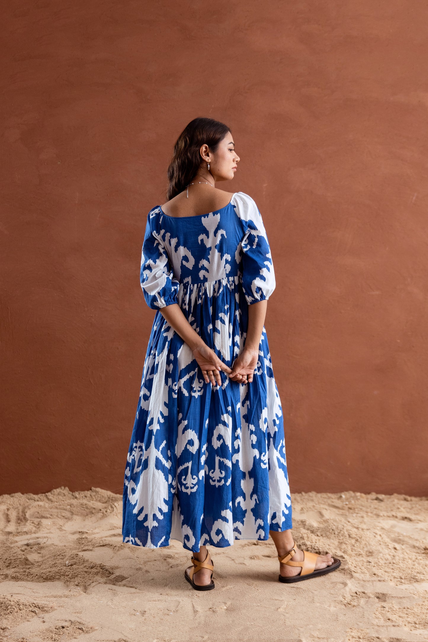 Blue and White Patterned Sleeved Maxi Dress