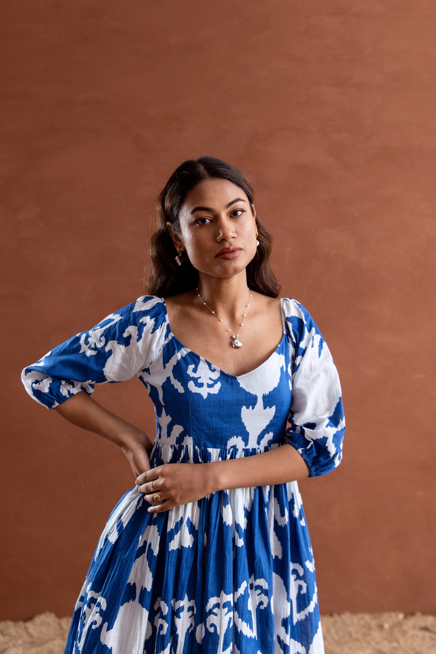 Blue and White Patterned Sleeved Maxi Dress