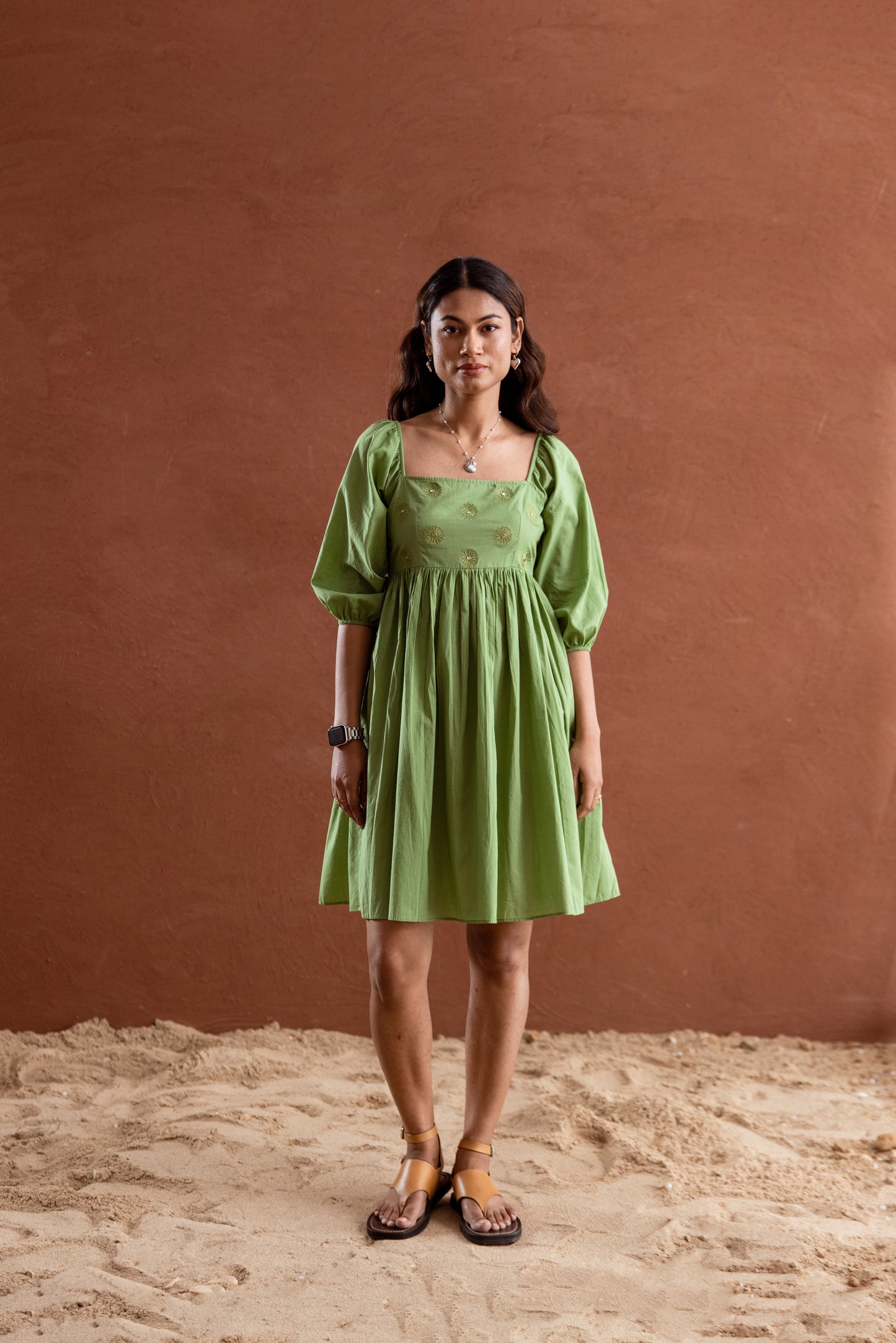 Solid Green Sleeved Square Neck Short Dress