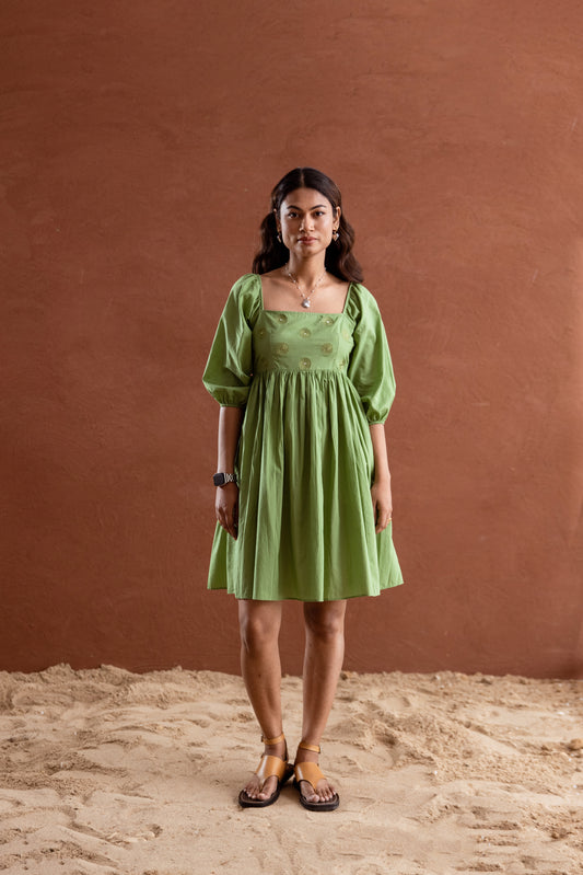 Solid Green Sleeved Square Neck Short Dress