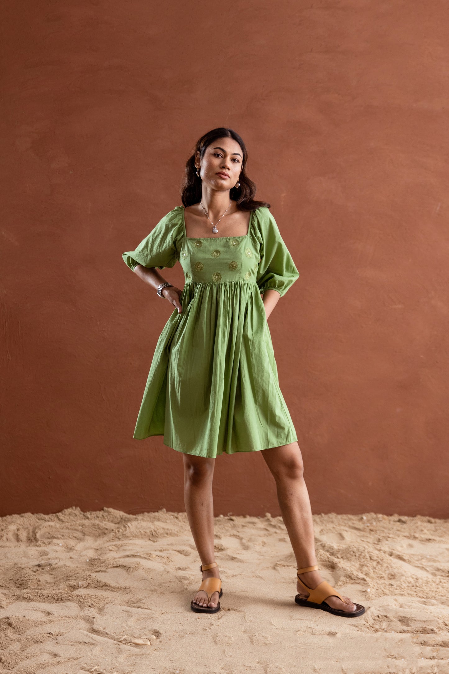 Solid Green Sleeved Square Neck Short Dress