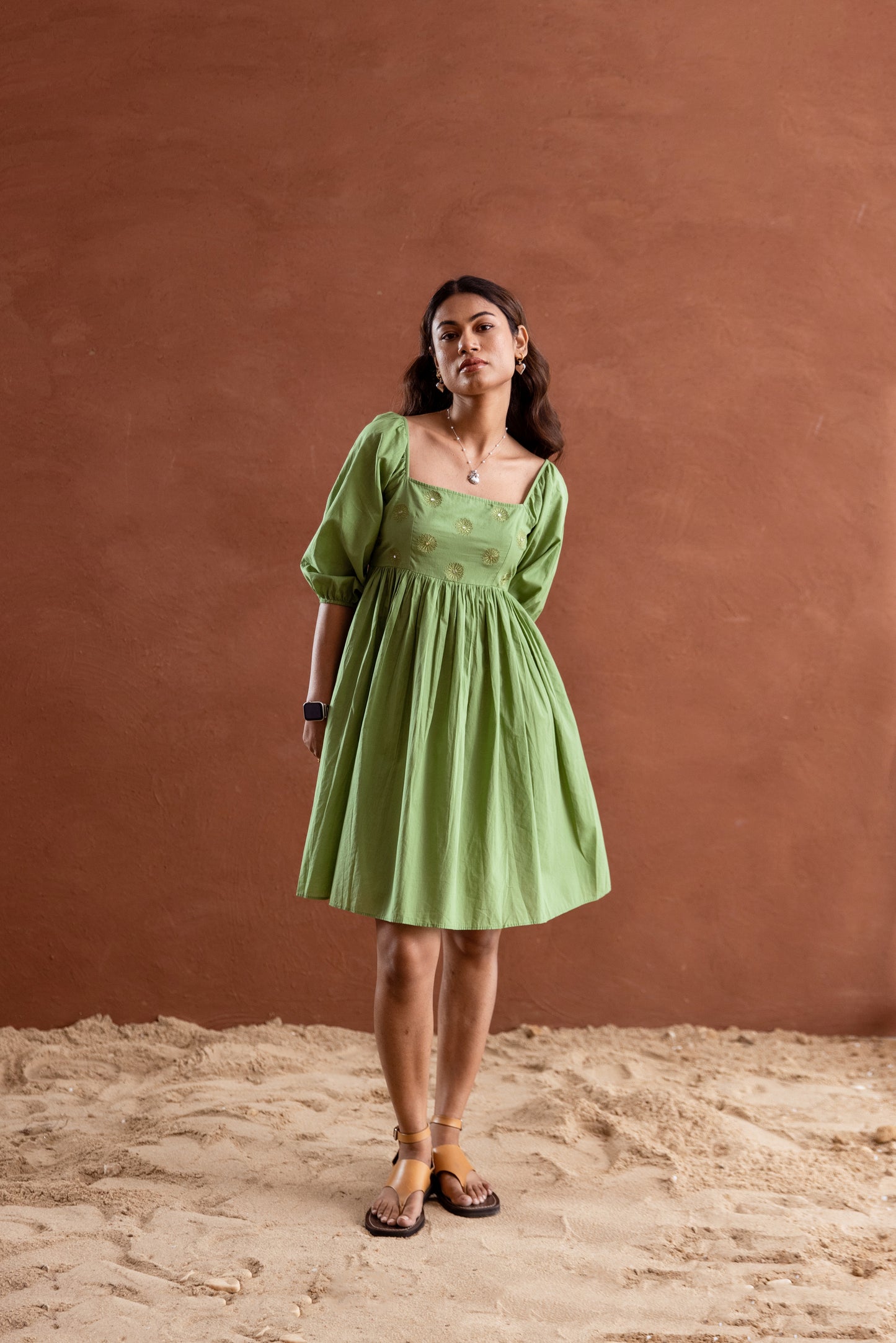 Solid Green Sleeved Square Neck Short Dress