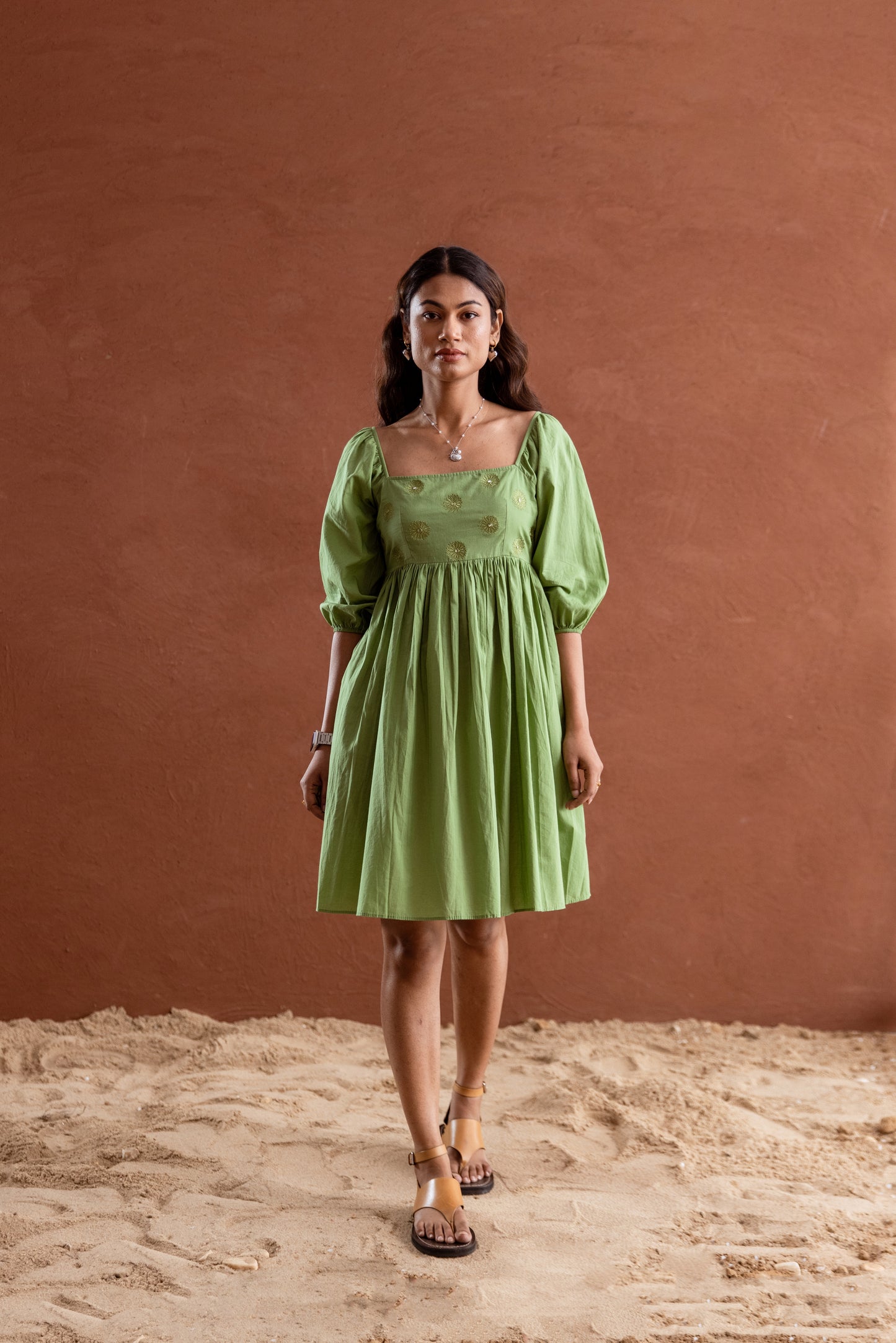 Solid Green Sleeved Square Neck Short Dress