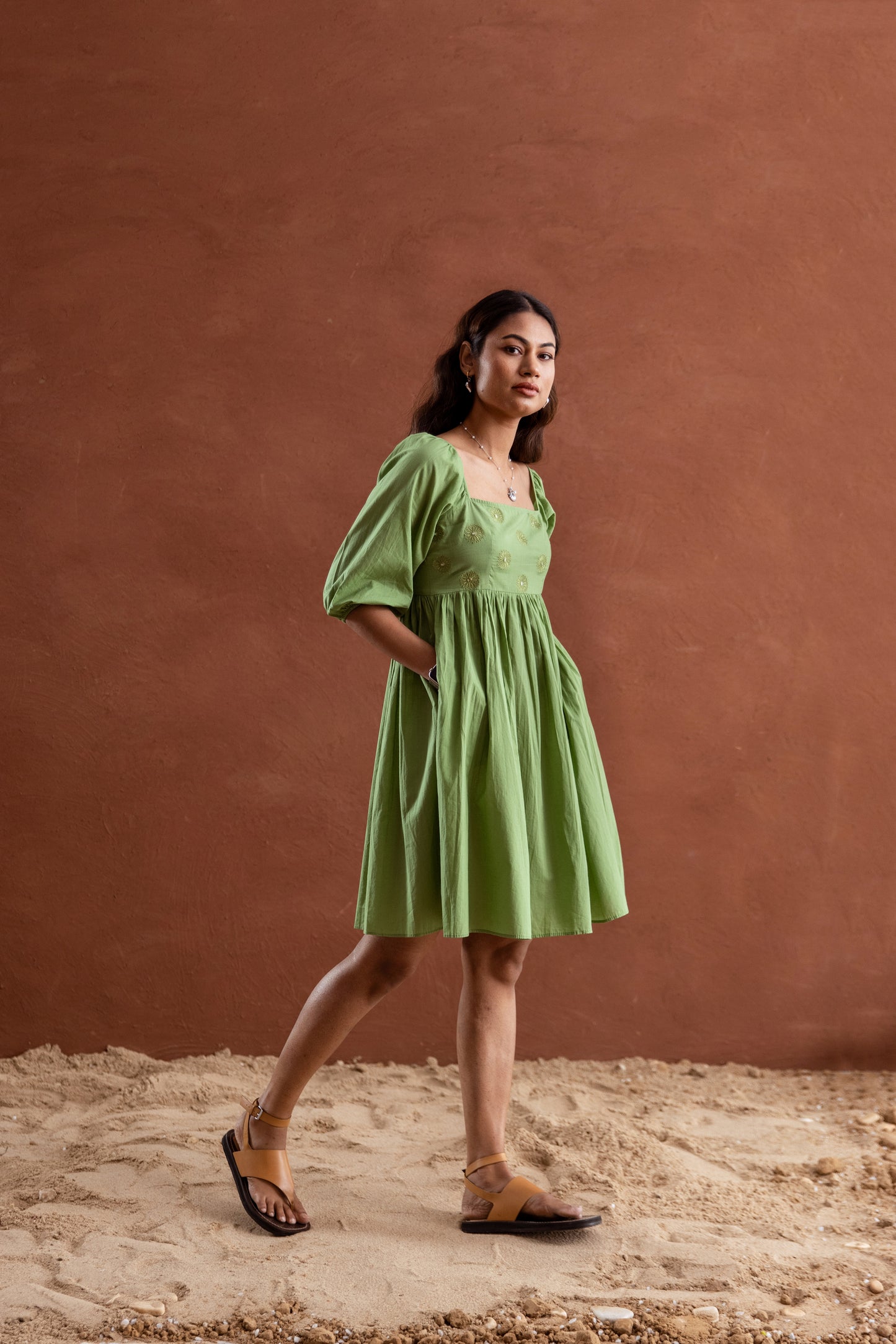 Solid Green Sleeved Square Neck Short Dress