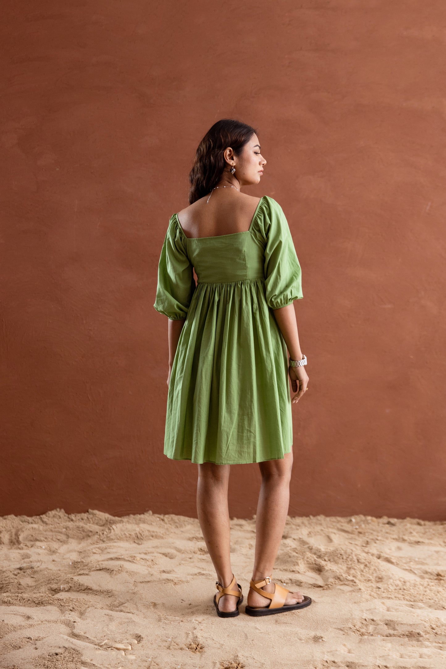 Solid Green Sleeved Square Neck Short Dress