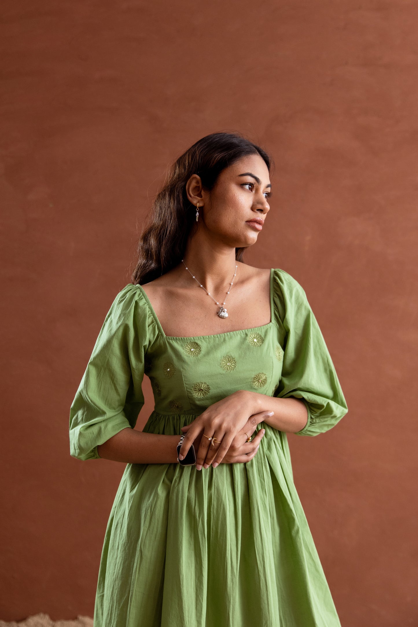 Solid Green Sleeved Square Neck Short Dress