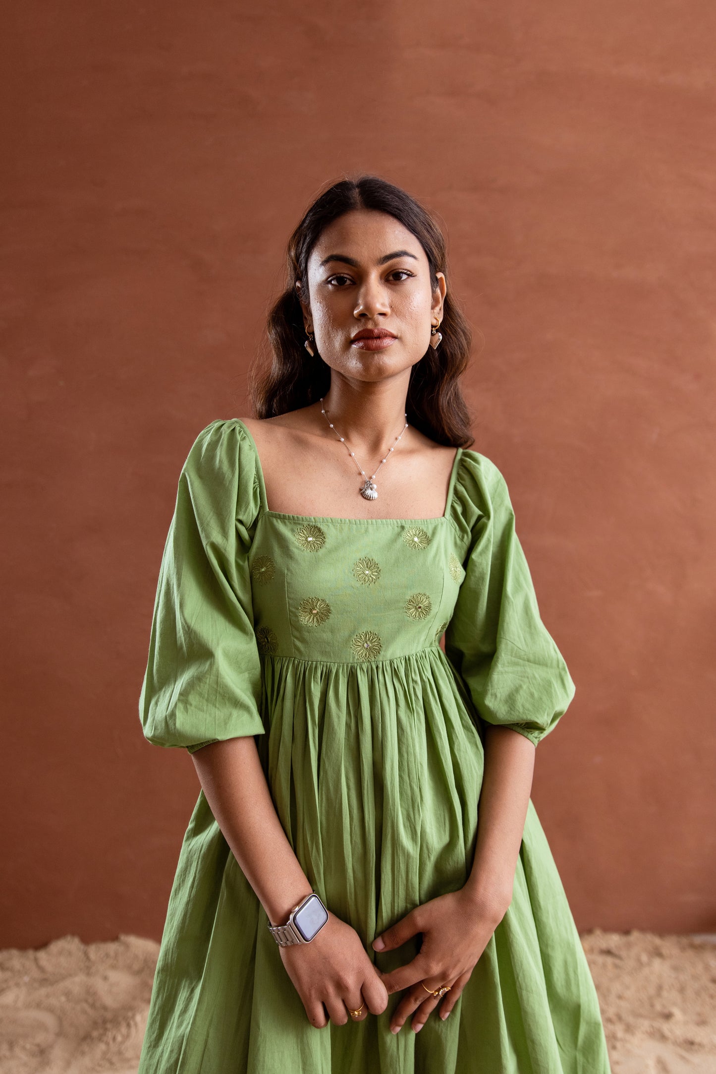 Solid Green Sleeved Square Neck Short Dress