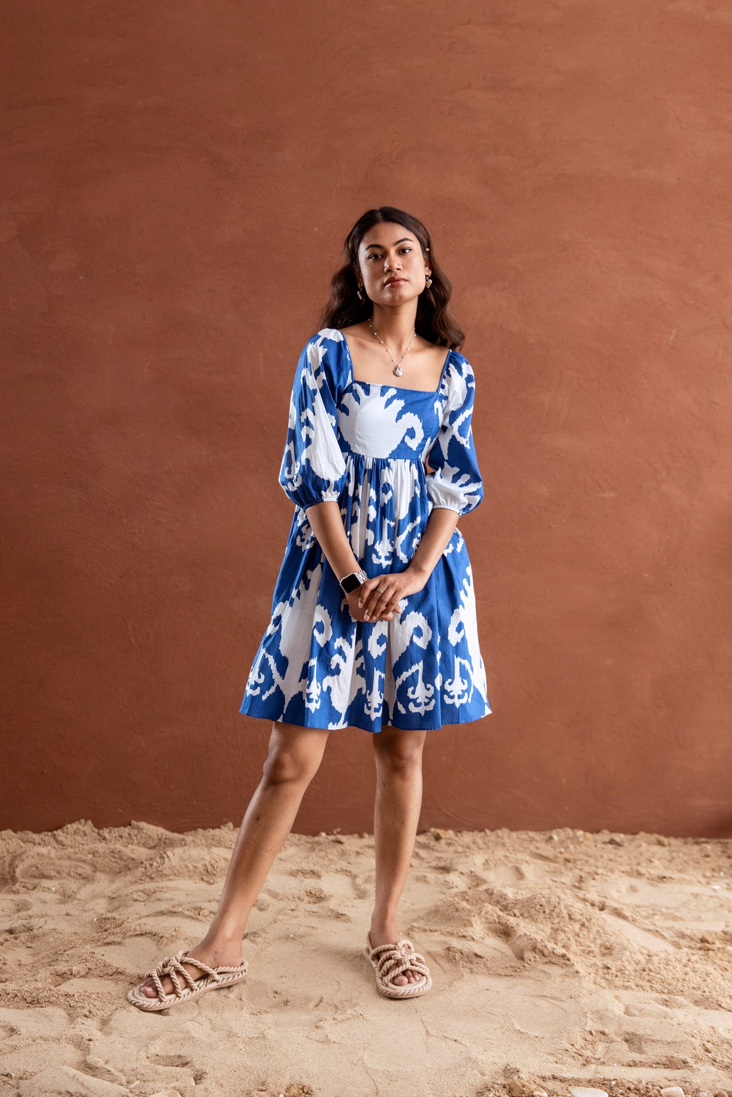 Blue and White Patterned Square Neck Sleeved Short Dress