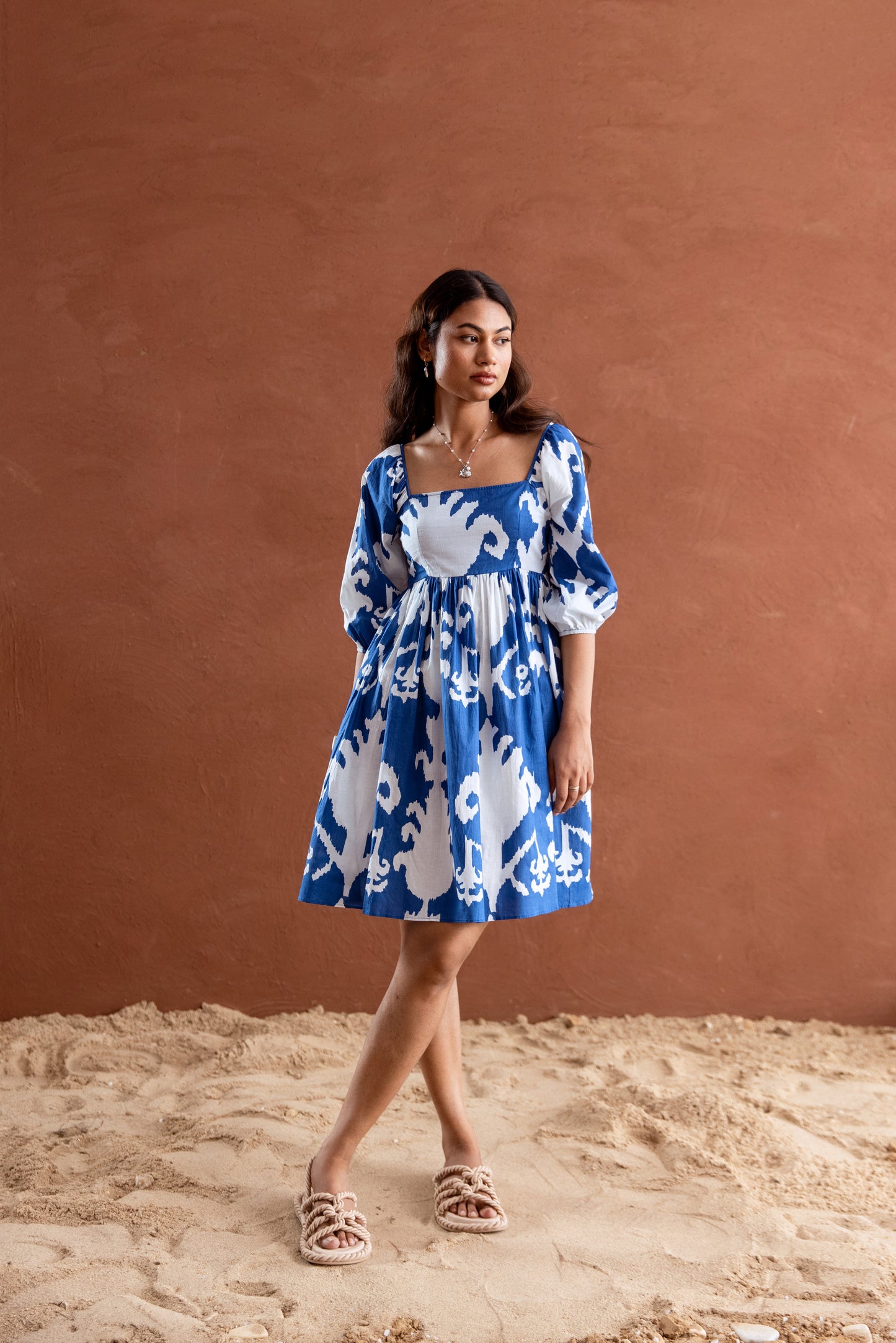Blue and White Patterned Square Neck Sleeved Short Dress
