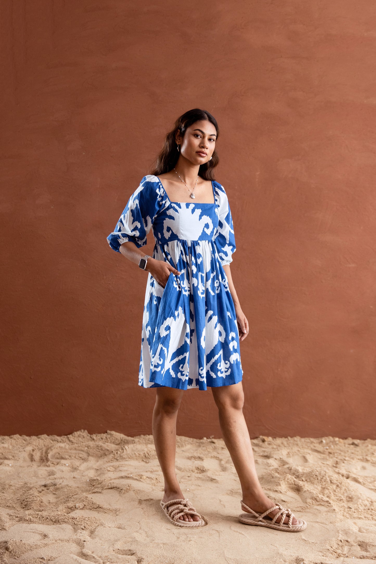 Blue and White Patterned Square Neck Sleeved Short Dress