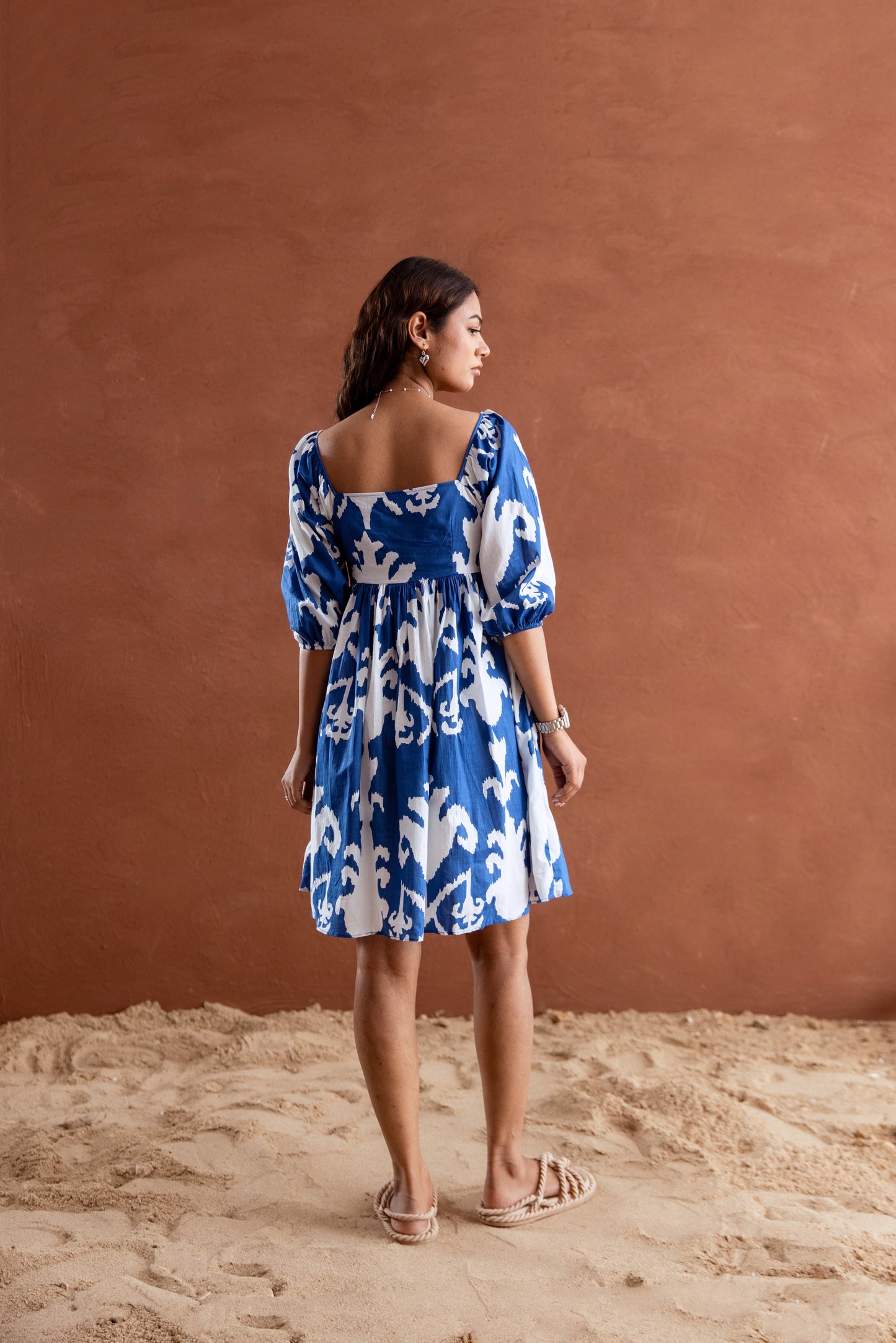 Blue and White Patterned Square Neck Sleeved Short Dress