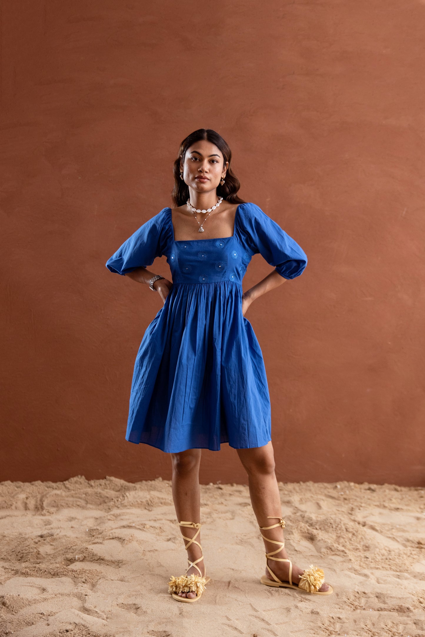 Solid Blue Sleeved Square Neck Short Dress